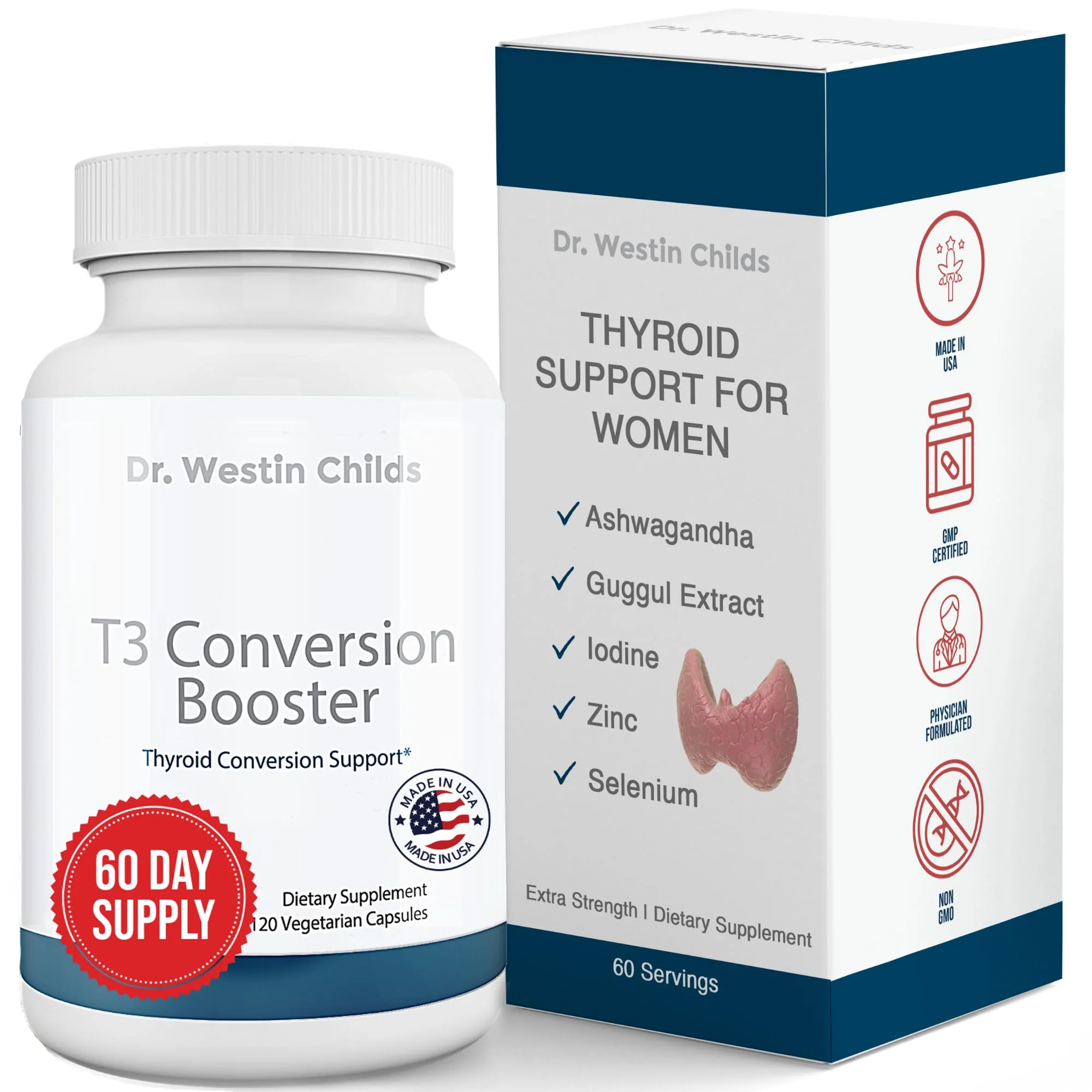 Dr. Westin Childs T3 Conversion Booster - Thyroid Support for Women & Men with Hypothyroidism & Hashimoto’s, Iodine, Ashwagandha, Guggul Extract, Selenium & Zinc Complex, 60 Servings - Image 2