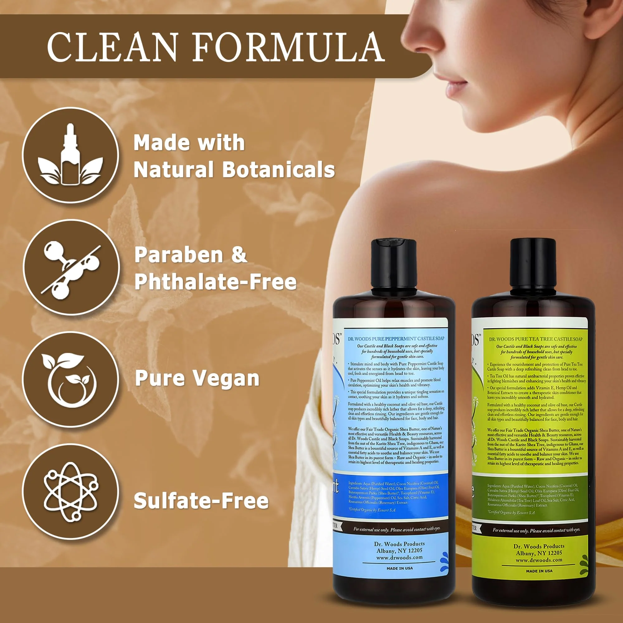 Dr. Woods Liquid Castile Soap - Pure Tea Tree Oil and Peppermint Soap, Body Wash for Men and Women, Contains Organic Shea Butter, Natural Cleaner for Face, Hands, and Body - 32 Fl Oz, Pack of 2 - Image 3
