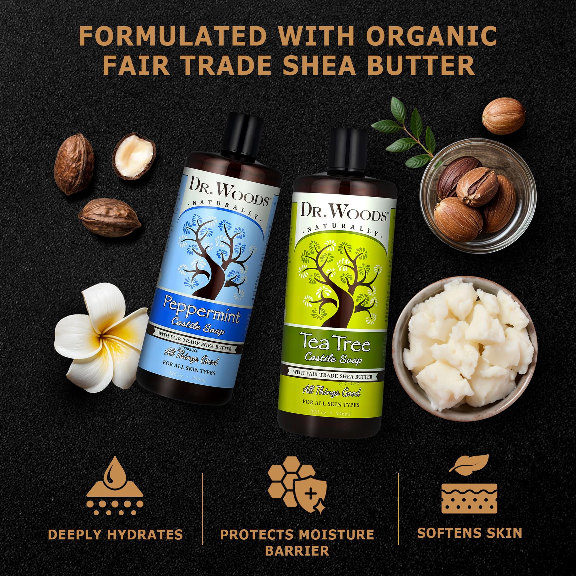 Dr. Woods Liquid Castile Soap - Pure Tea Tree Oil and Peppermint Soap, Body Wash for Men and Women, Contains Organic Shea Butter, Natural Cleaner for Face, Hands, and Body - 32 Fl Oz, Pack of 2 - Image 4
