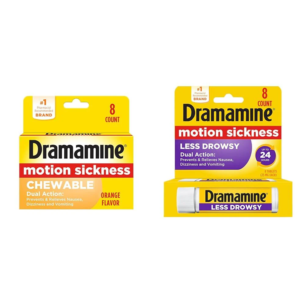 Dramamine Motion Sickness Chewable Orange Tablets, 8 Count & Less Drowsy Formula Tablets, 8 Count Bundle