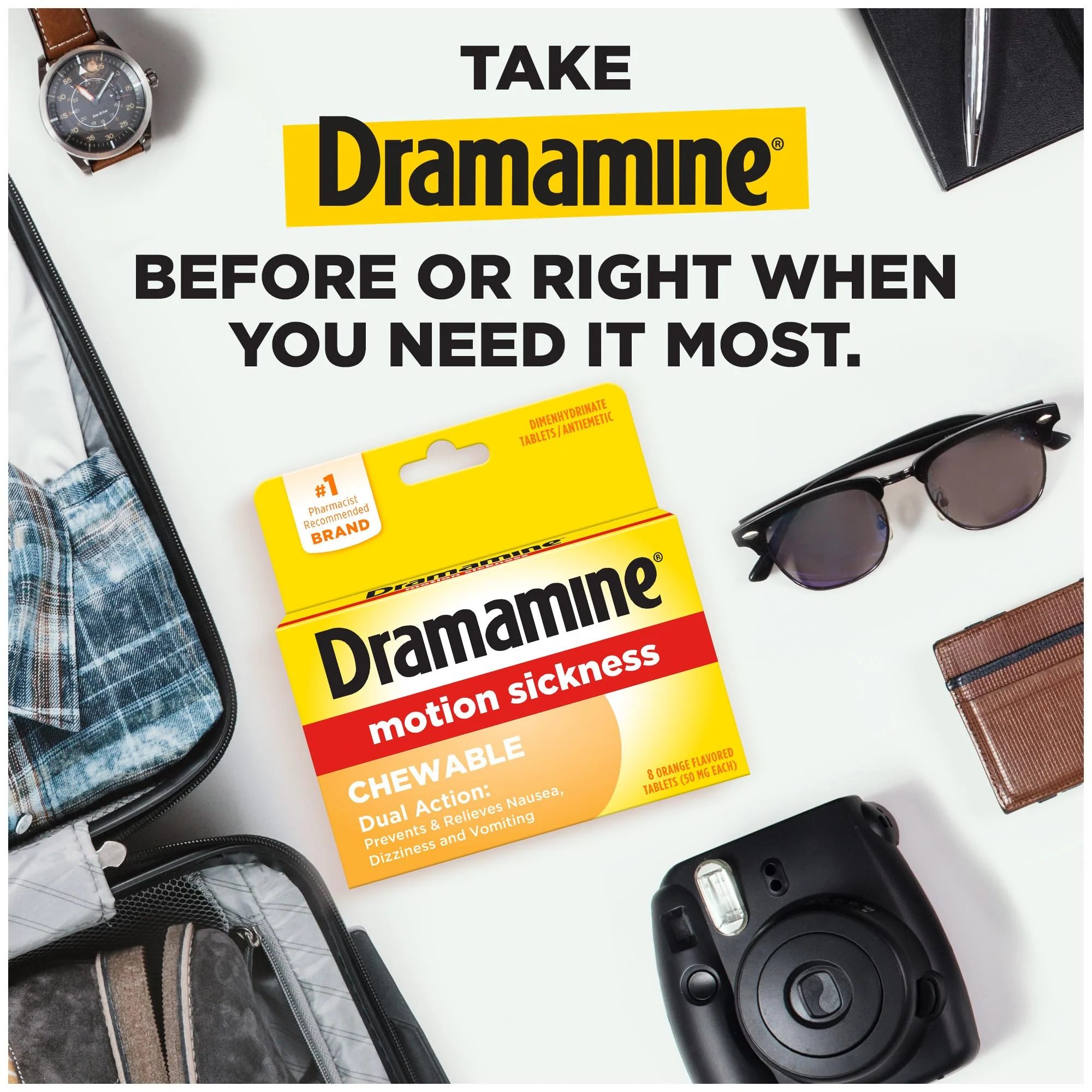 Dramamine Motion Sickness Chewable Orange Tablets, 8 Count & Less Drowsy Formula Tablets, 8 Count Bundle - Image 4