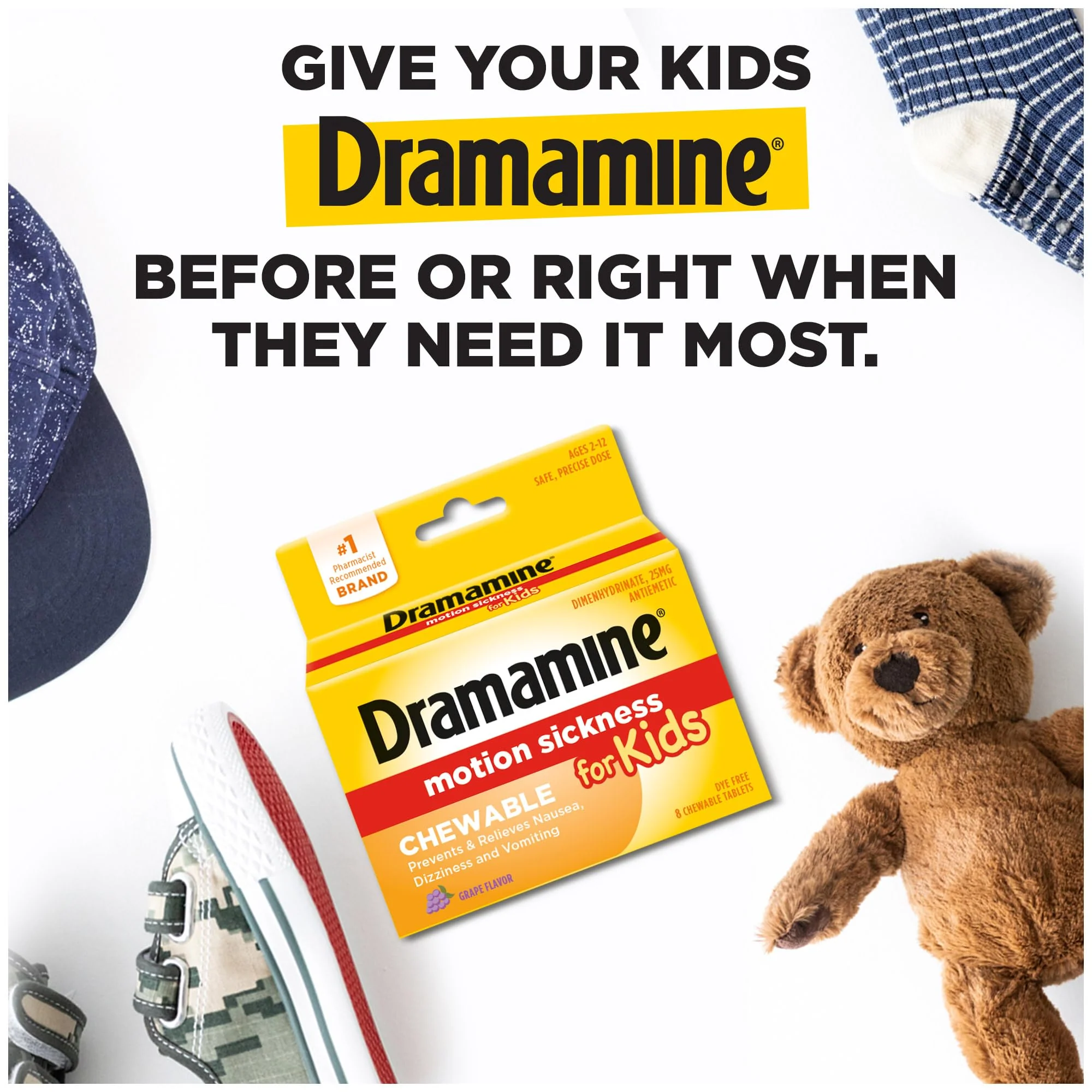 Dramamine Motion Sickness Relief for Kids - Chewable Grape Flavor, 8 Count (Pack of 2) - Image 3
