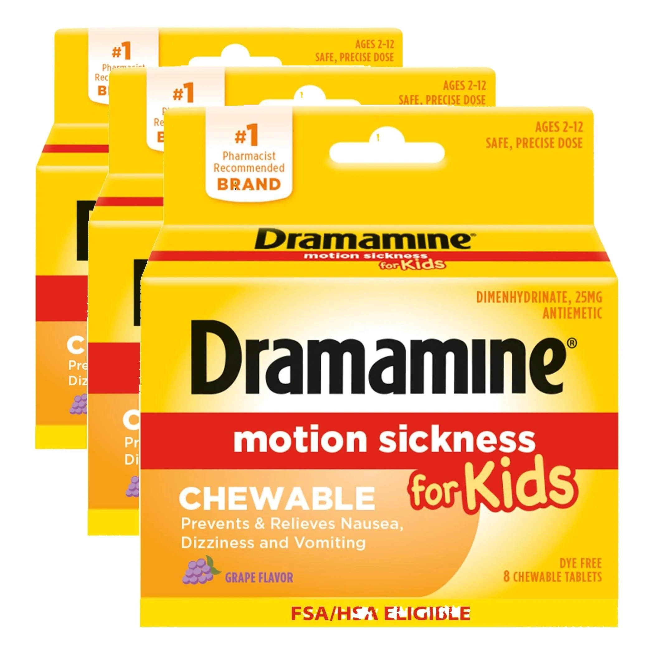 Dramamine Motion Sickness Relief for Kids - Chewable Grape Flavor, 8 Count (Pack of 3)