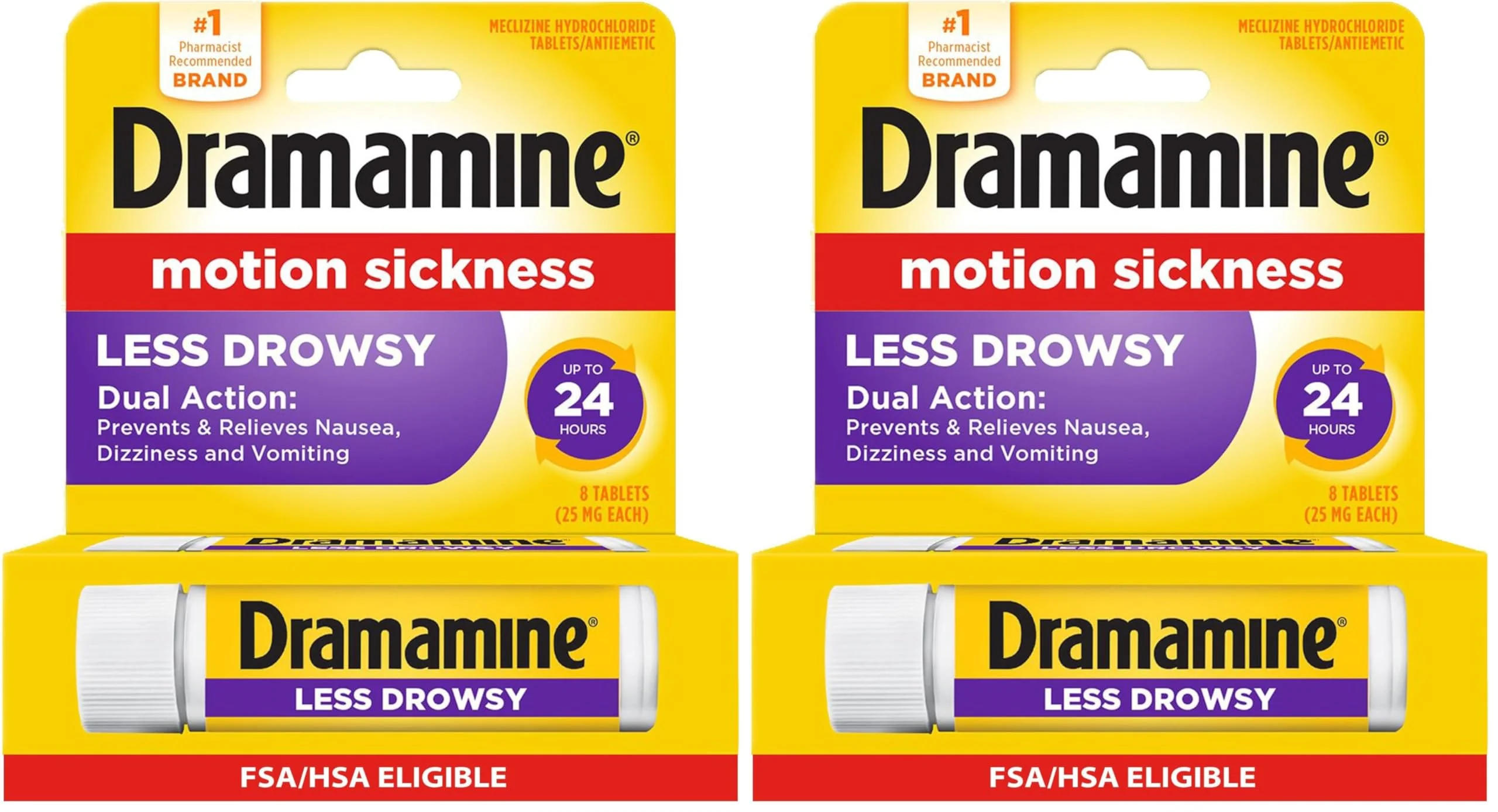 Dramamine Motion Sickness Relief Less Drowsey Formula, 8 Count (Pack of 2)