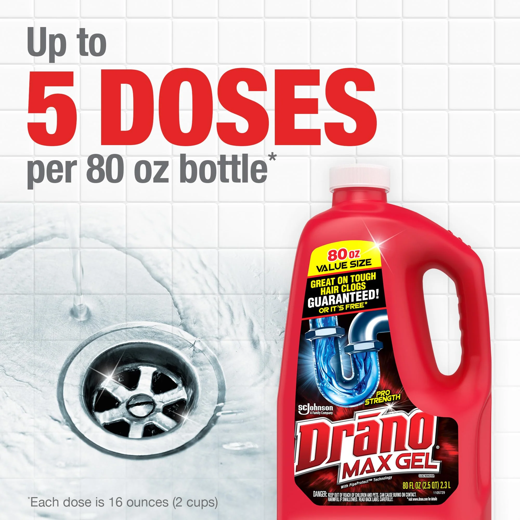 Drano Max Gel Drain Clog Remover & Cleaner, Fast-Acting to Unclog Standing Water & Remove Hair, Grease & Food Blockages, Safe for all Pipes & Septic, Kitchen Sinks, Bathroom Showers, 80 Oz, 2 Pack - Image 4