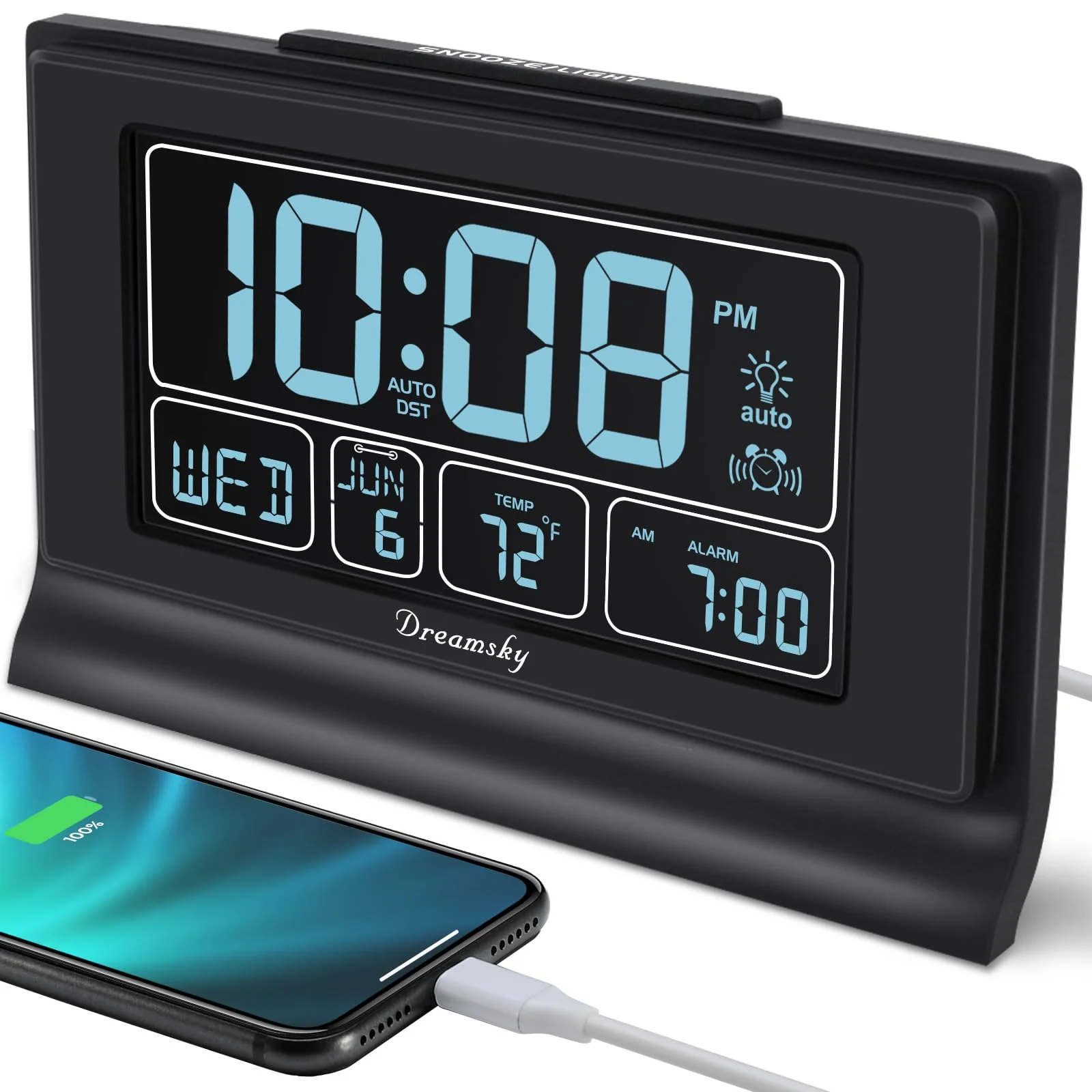 DreamSky Alarm Clocks for Bedrooms with Battery Backup, Auto Set Digital Clock with Date and Day of Week, Temperature, USB Port, Auto DST, Dimmer, 12/24H - Image 2