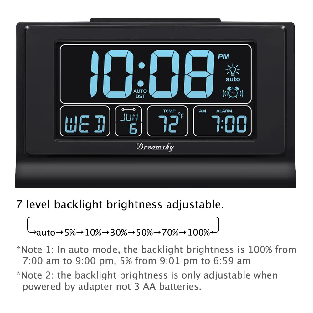 DreamSky Alarm Clocks for Bedrooms with Battery Backup, Auto Set Digital Clock with Date and Day of Week, Temperature, USB Port, Auto DST, Dimmer, 12/24H - Image 3