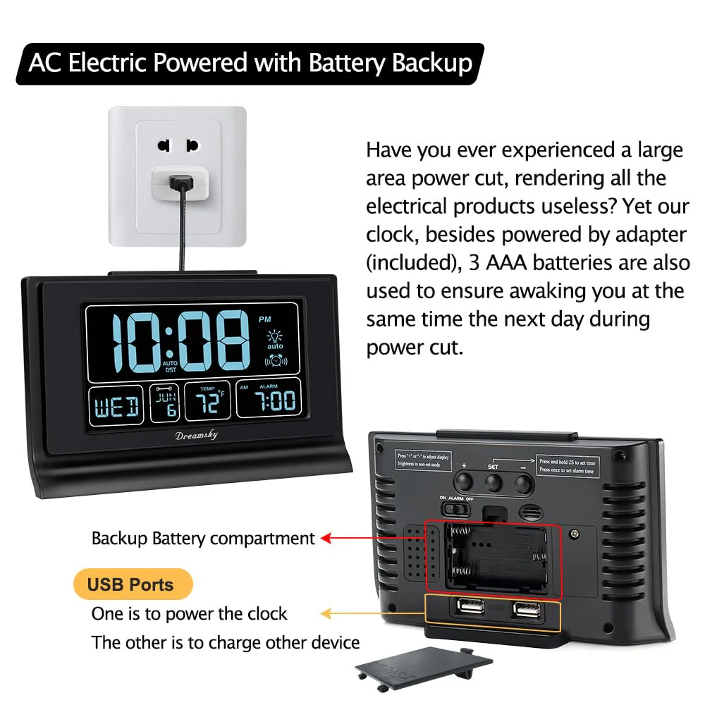 DreamSky Alarm Clocks for Bedrooms with Battery Backup, Auto Set Digital Clock with Date and Day of Week, Temperature, USB Port, Auto DST, Dimmer, 12/24H - Image 6