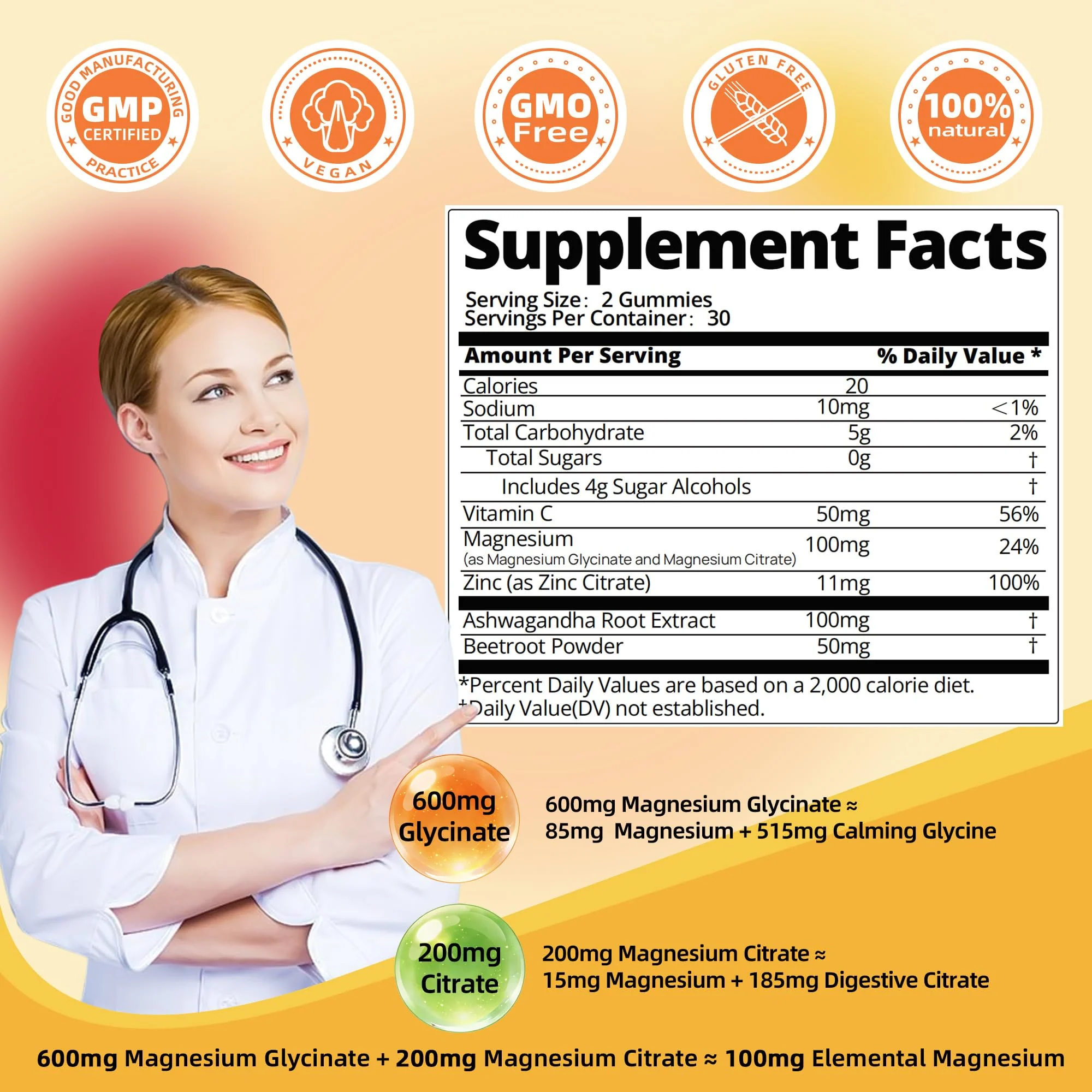 DREAVIO 90 Count Magnesium Glycinate Gummies w/Ashwagandha Supplement - Sugar Free Zinc Magnesium Glycinate Supplement Ashwagandha Gummies for Adults Orange Flavor - Image 2