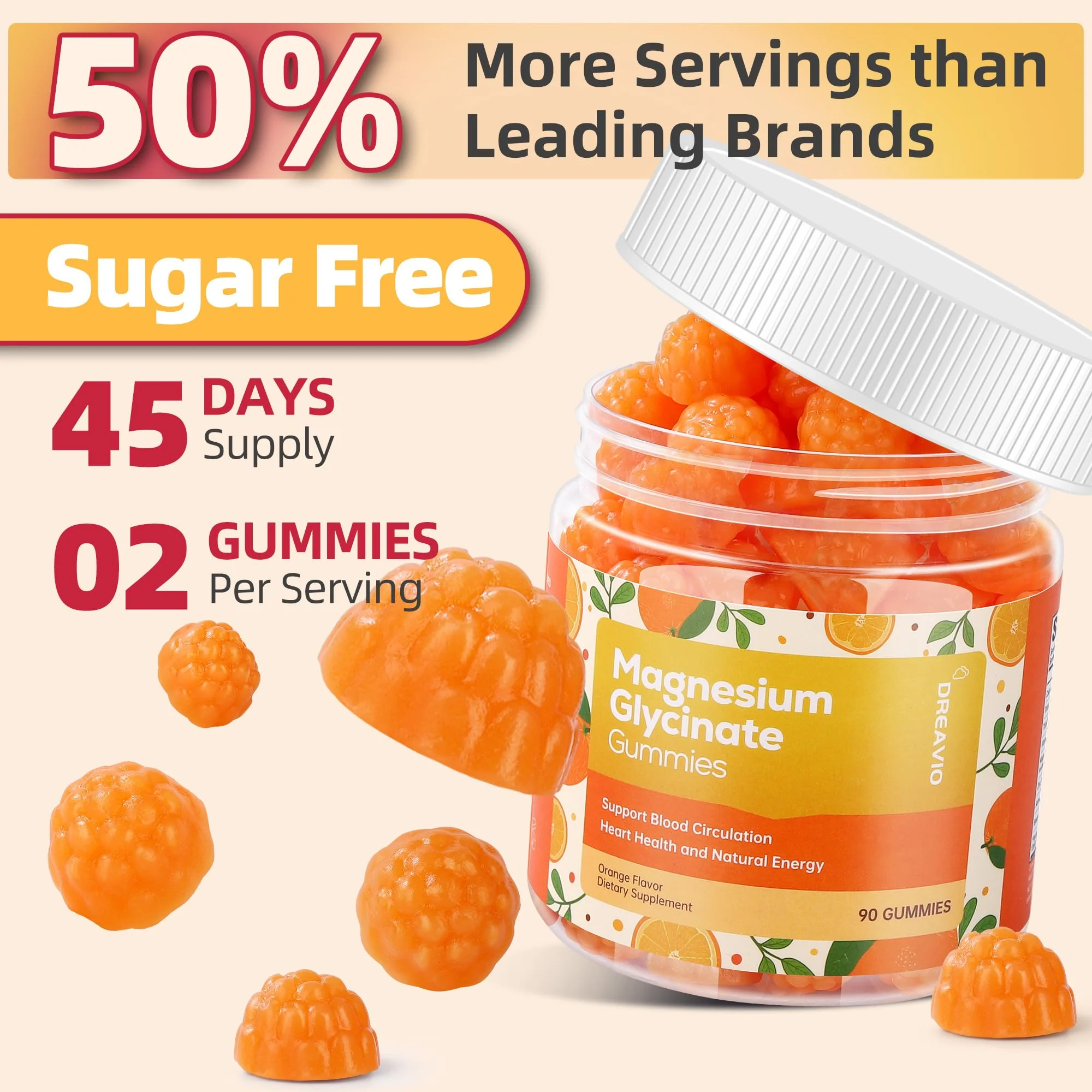 DREAVIO 90 Count Magnesium Glycinate Gummies w/Ashwagandha Supplement - Sugar Free Zinc Magnesium Glycinate Supplement Ashwagandha Gummies for Adults Orange Flavor - Image 6