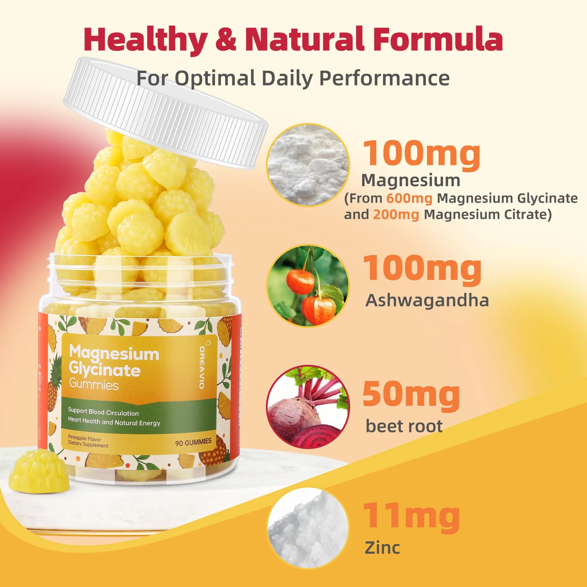 DREAVIO 90 Count Magnesium Glycinate Gummies w/Ashwagandha Supplement - Sugar Free Zinc Magnesium Glycinate Supplement Ashwagandha Gummies for Adults Pineapple Flavor - Image 4