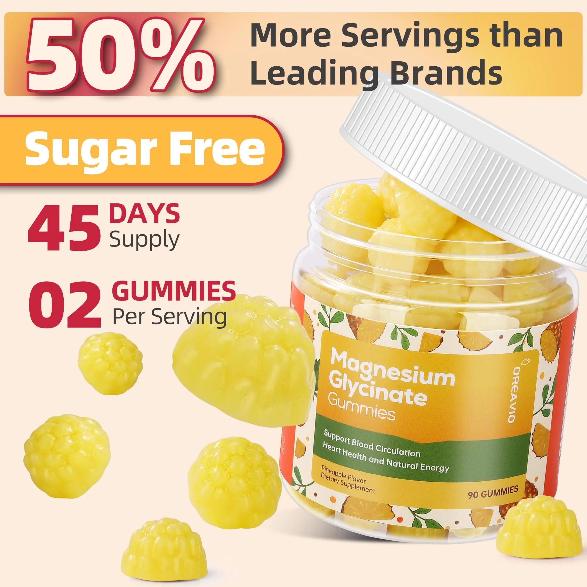 DREAVIO 90 Count Magnesium Glycinate Gummies w/Ashwagandha Supplement - Sugar Free Zinc Magnesium Glycinate Supplement Ashwagandha Gummies for Adults Pineapple Flavor - Image 6