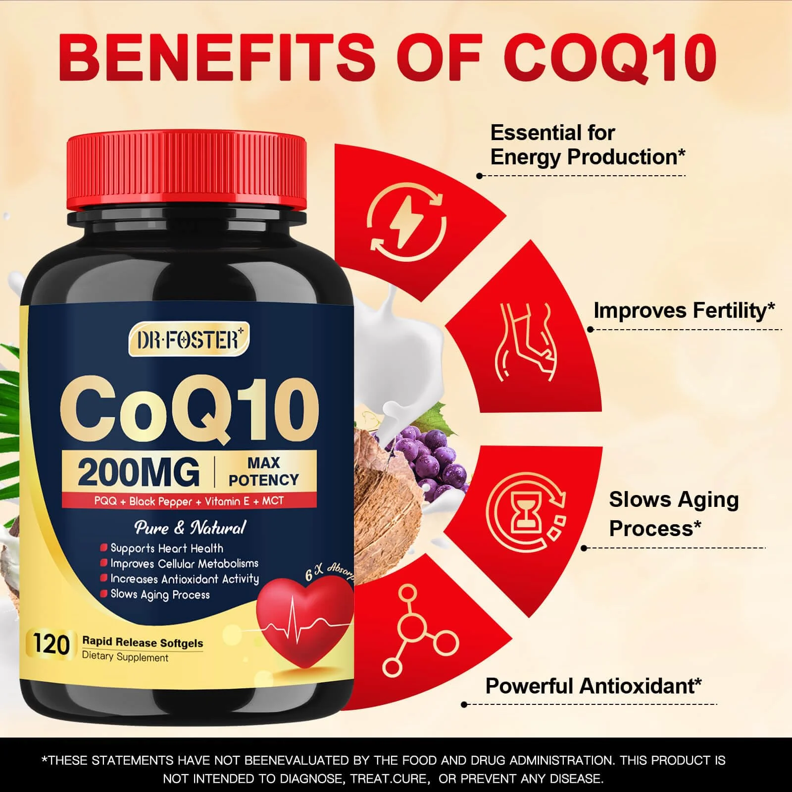 DRFOSTER Coq10 200mg, Coenzyme Q10 for Antioxidant & Energy Production, 6X Higher Absorption Cq10 with Vitamin E & PQQ & Black Pepper Extract, Co q 10 Supplement 120 Servings - Image 6