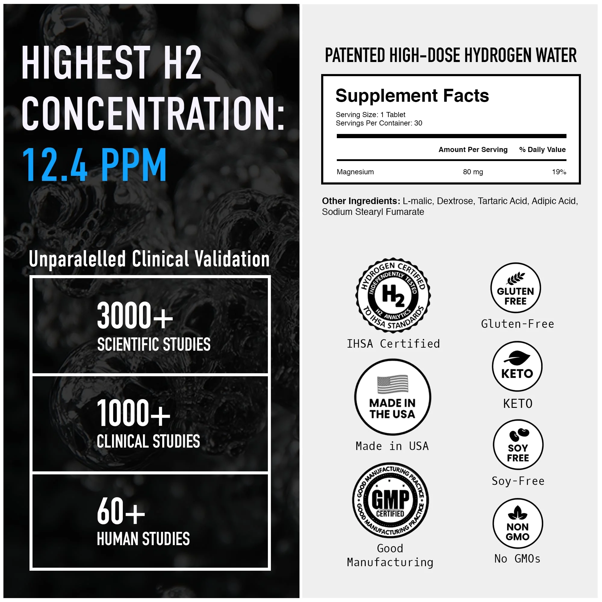 DRINK HRW Rejuvenation Molecular Hydrogen Water Tablets: 12 ppm H2, Patented, USA Made, IHSA-Certified Hydrogen & Magnesium Supplement. Supports Energy, Recovery, Cognitive Function (Unflavored, 30Ct) - Image 8