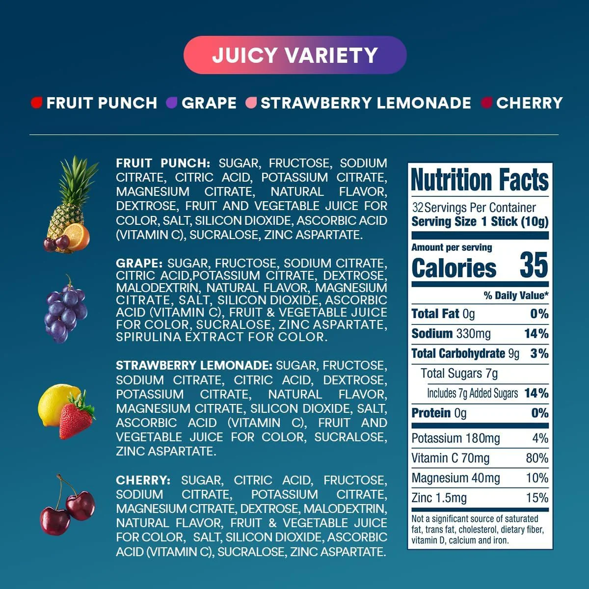 DripDrop Hydration Packets - Juicy Variety Pack - Single Serve Electrolytes Powder Drink Mix - Grape, Fruit Punch, Strawberry Lemonade, Cherry - Non-GMO, Gluten Free, Vegan - 32 Sticks - Image 8