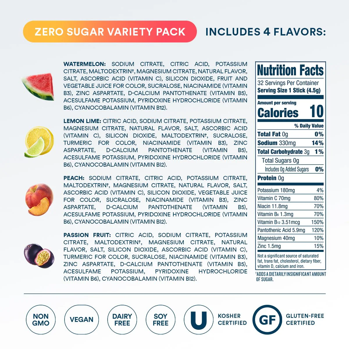 DripDrop Sugar Free Hydration Packets - Zero Classic Variety Pack - Single Serve Electrolytes Powder Drink Mix - Lemon Lime, Watermelon, Peach, Passion Fruit - Non-GMO, Gluten Free, Vegan - 32 Sticks - Image 5