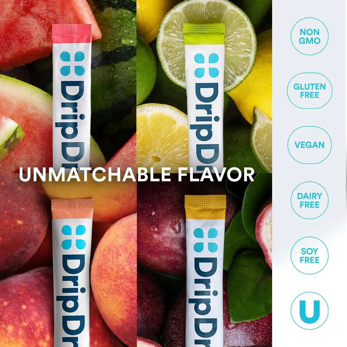DripDrop Sugar Free Hydration Packets - Zero Classic Variety Pack - Single Serve Electrolytes Powder Drink Mix - Lemon Lime, Watermelon, Peach, Passion Fruit - Non-GMO, Gluten Free, Vegan - 32 Sticks - Image 7