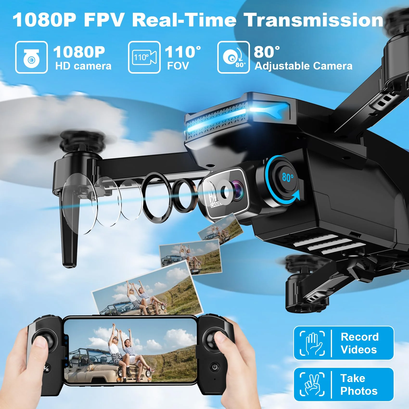 Drone with 1080P Camera - Foldable Remote Control Quadcopter with Gesture Control, 3D Flip, One Key Start, Emergency Stop, 2 Batteries, Easier to use, Toy for Adult Beginners, Black&Blue - Image 2