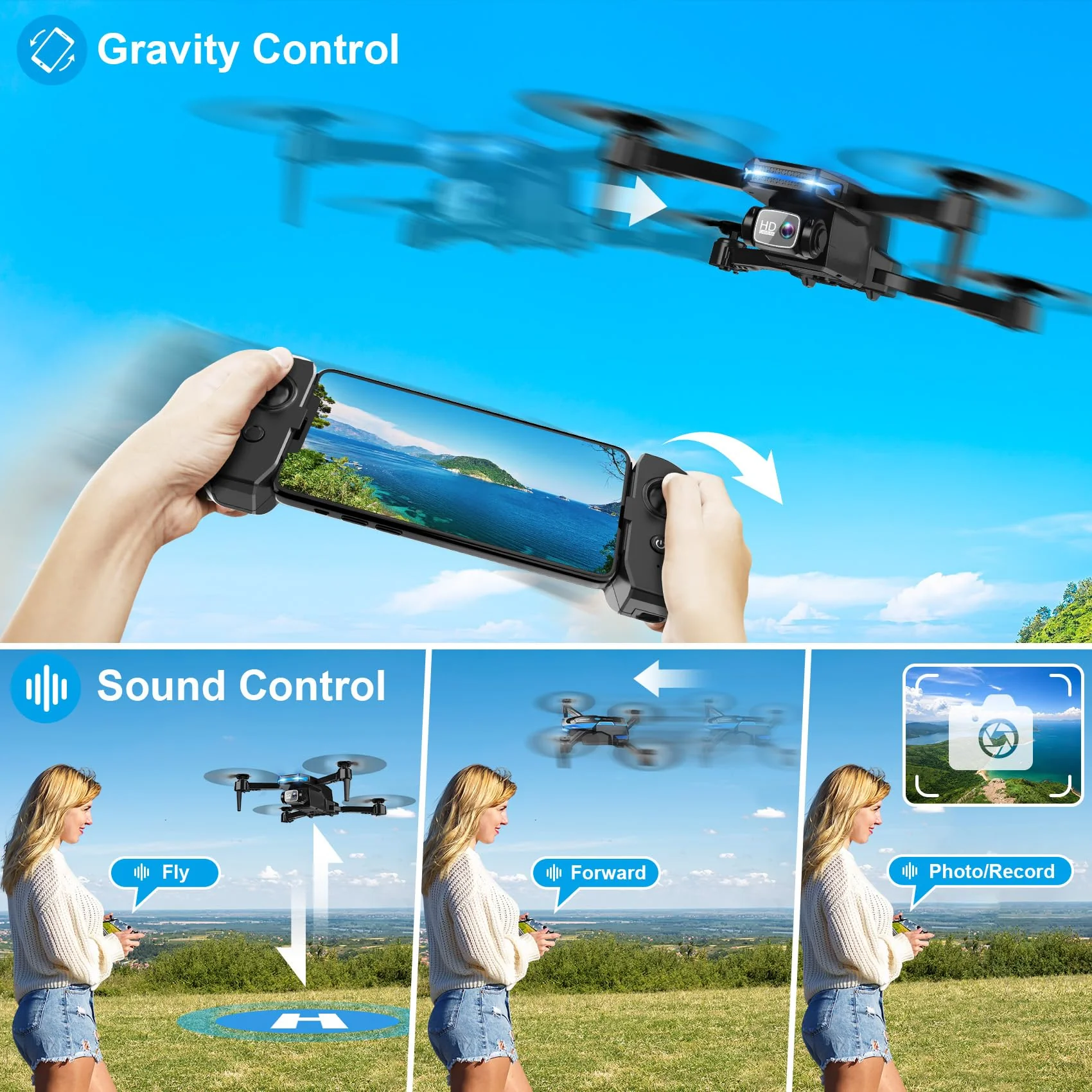 Drone with 1080P Camera - Foldable Remote Control Quadcopter with Gesture Control, 3D Flip, One Key Start, Emergency Stop, 2 Batteries, Easier to use, Toy for Adult Beginners, Black&Blue - Image 5
