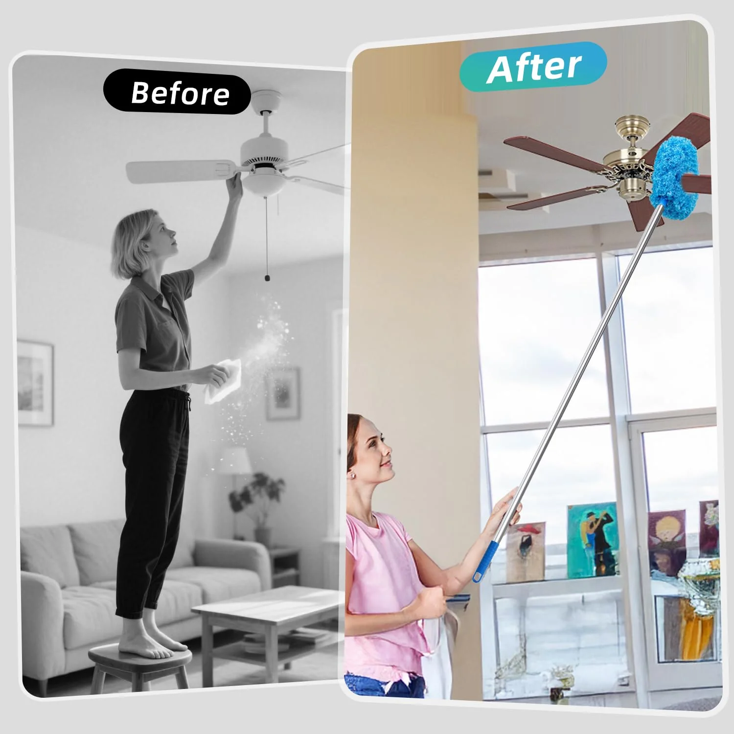 DRQ Ceiling Fan Cleaner Duster, 2 Pack Reusable Microfiber Duster with Extension Pole, 13 to 48 Inch Fan Blade Cleaner, Removable Dusters for Cleaning Walls Bookshelves Door Window Top (Blue) - Image 2