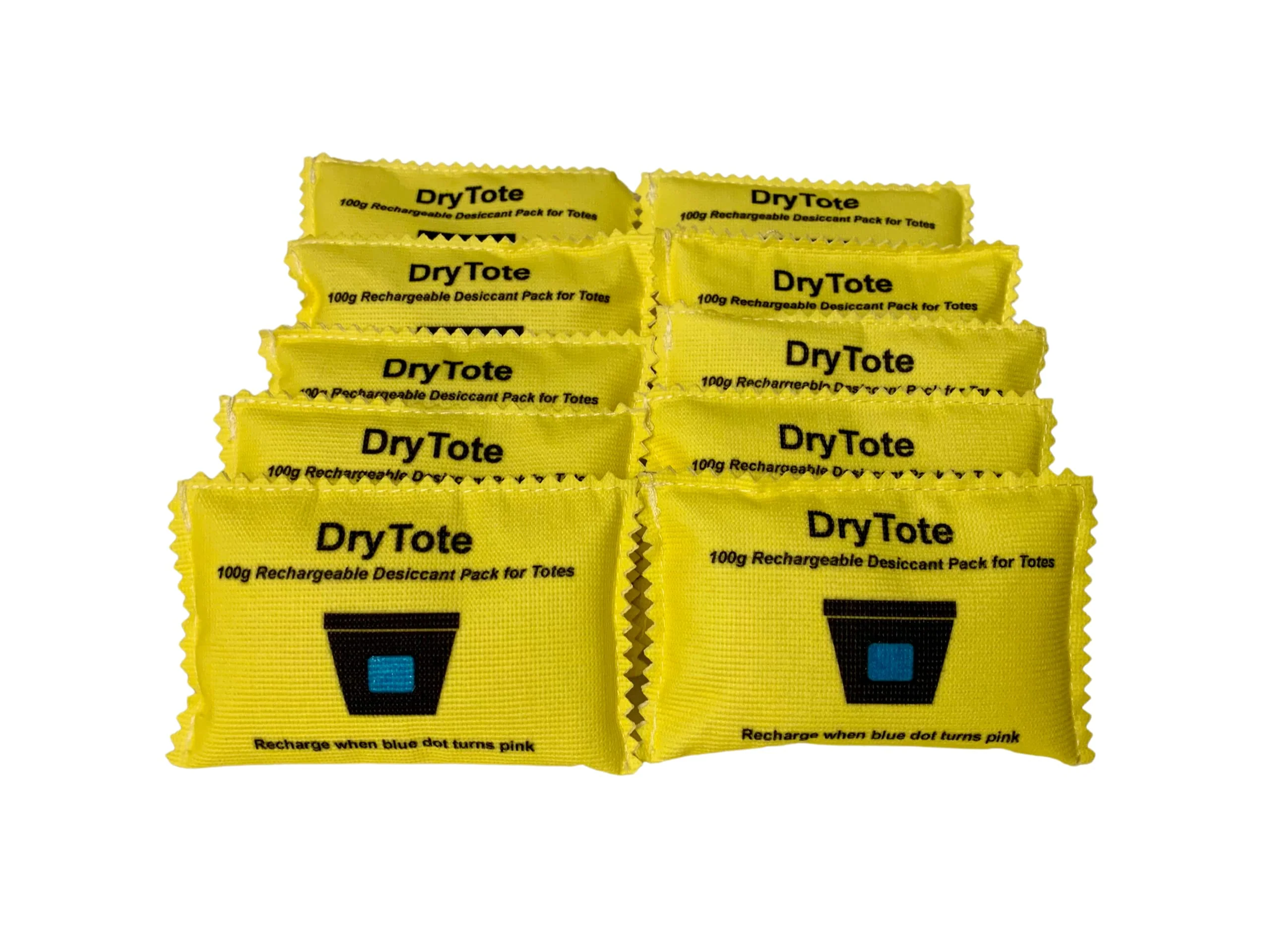 DryTote Rechargeable Desiccant Pack (10 Pack), Ultimate Moisture Absorption, Color Change Indicator, Safe Storage Protection, Large Capacity 200 Gallons, 100g, Yellow