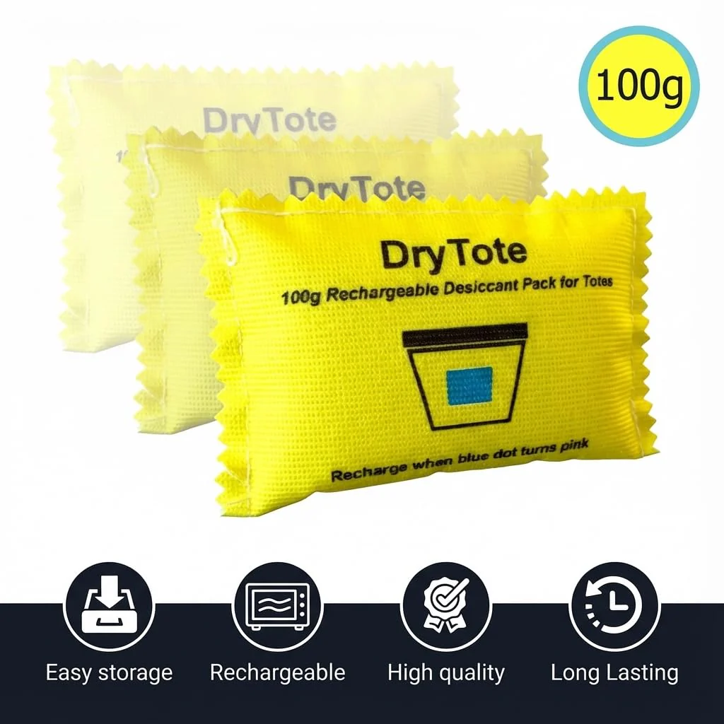 DryTote Rechargeable Desiccant Pack (10 Pack), Ultimate Moisture Absorption, Color Change Indicator, Safe Storage Protection, Large Capacity 200 Gallons, 100g, Yellow - Image 7