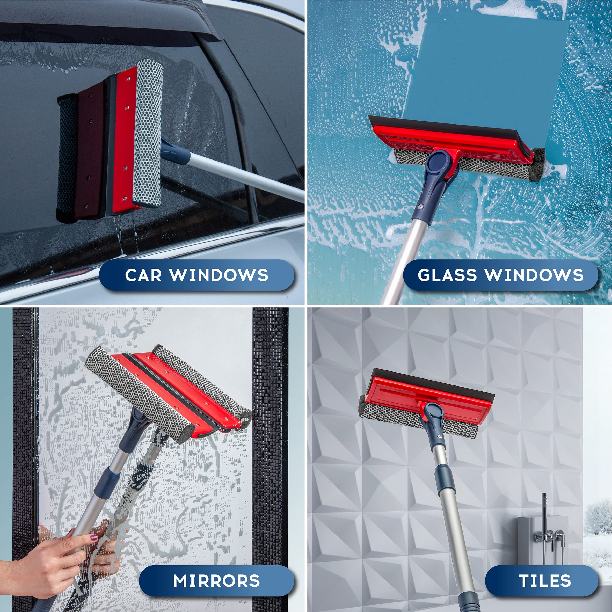 DSV Standard Professional Window Squeegee | 2-in-1 Window Cleaner Sponge and Soft Rubber Strip With Telescopic Extension Pole 20" - 30"(50cm-76cm) | Adjustable To Clean From Multiple Angles - Image 2