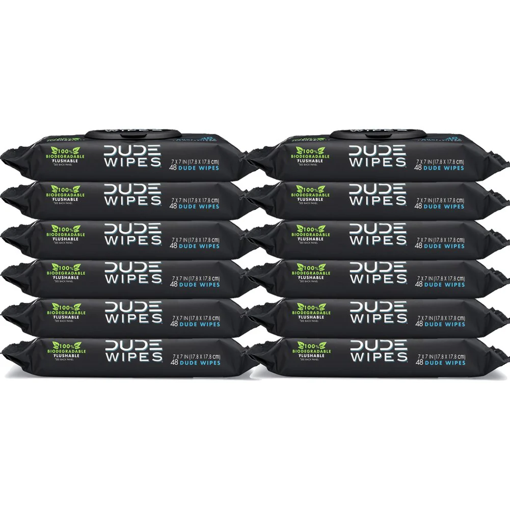 DUDE Wipes Flushable Wipes, Unscented with Vitamin-E & Aloe, 100% Biodegradable, Dispenser (12 Packs, 576 Total Count)