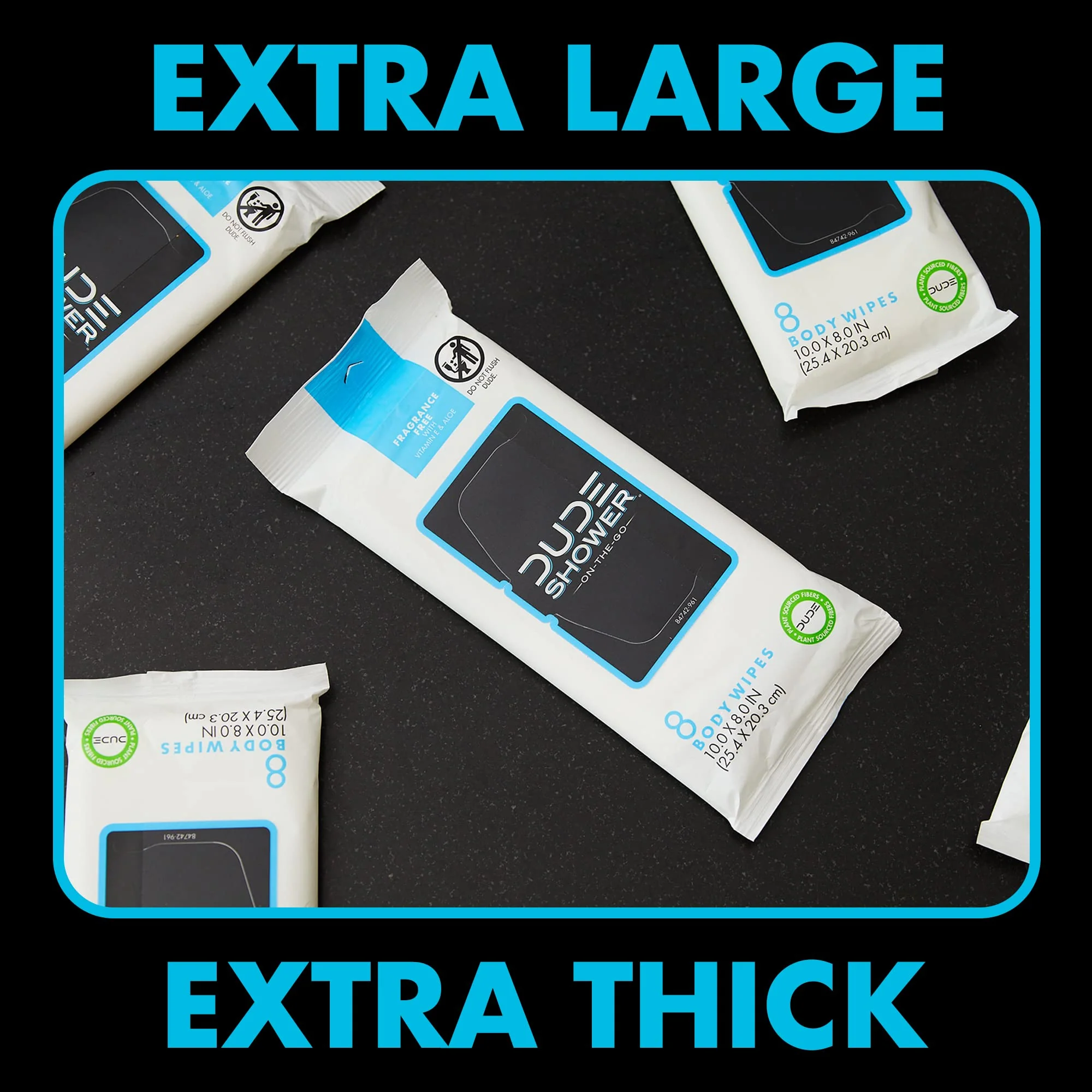 DUDE Wipes Fragrance Free On-The-Go Shower Wipes - Extra-Large and Thick Cleansing Body Wipes for Travel - 3 Packs of 8 (24 Count) - Infused with Vitamin E and Aloe - Image 5