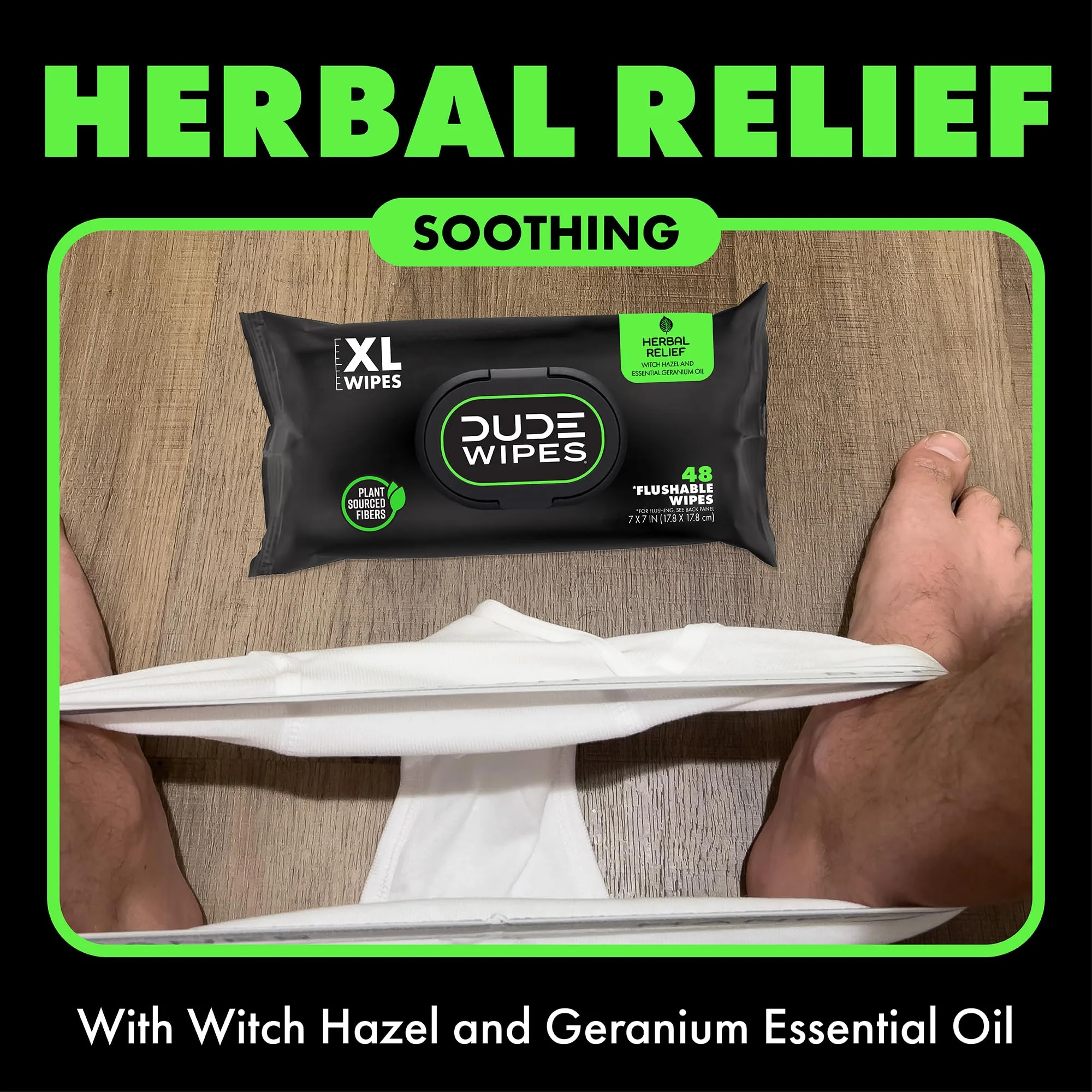 DUDE Wipes Herbal Relief Flushable Wipes - Extra-Large Adult Wet-Wipes - Infused with Soothing Witch Hazel, Geranium Essential Oils, Vitamin E, and Aloe - Septic and Sewer Safe 48 Count (Pack of 12) - Image 4