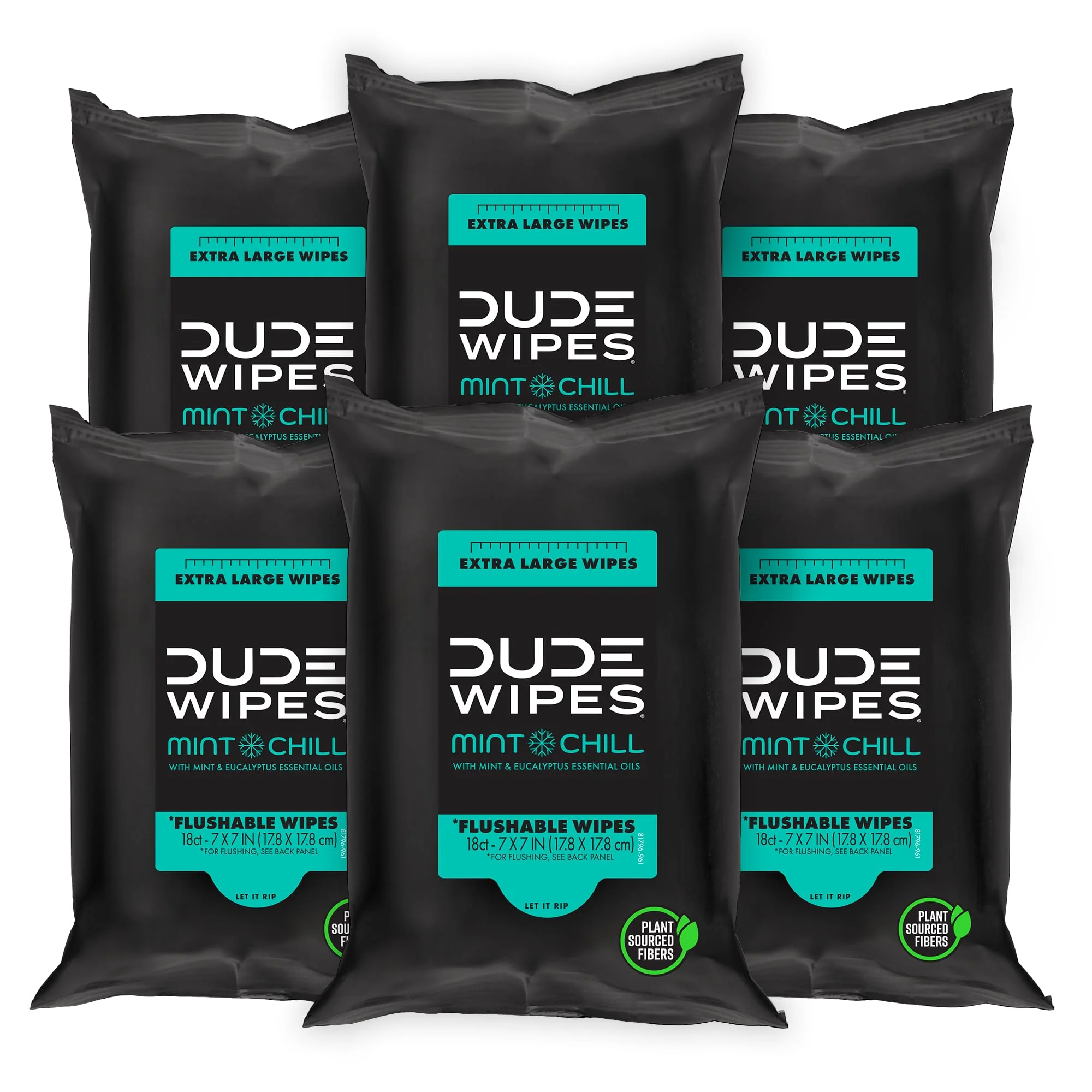 DUDE Wipes Mint Chill Travel Wipes - 6 Packs of 18 (108 Count) - Extra-Large Adult Flushable Wipes - Infused with Tea Tree Oil, Vitamin E, and Aloe - Septic and Sewer Safe