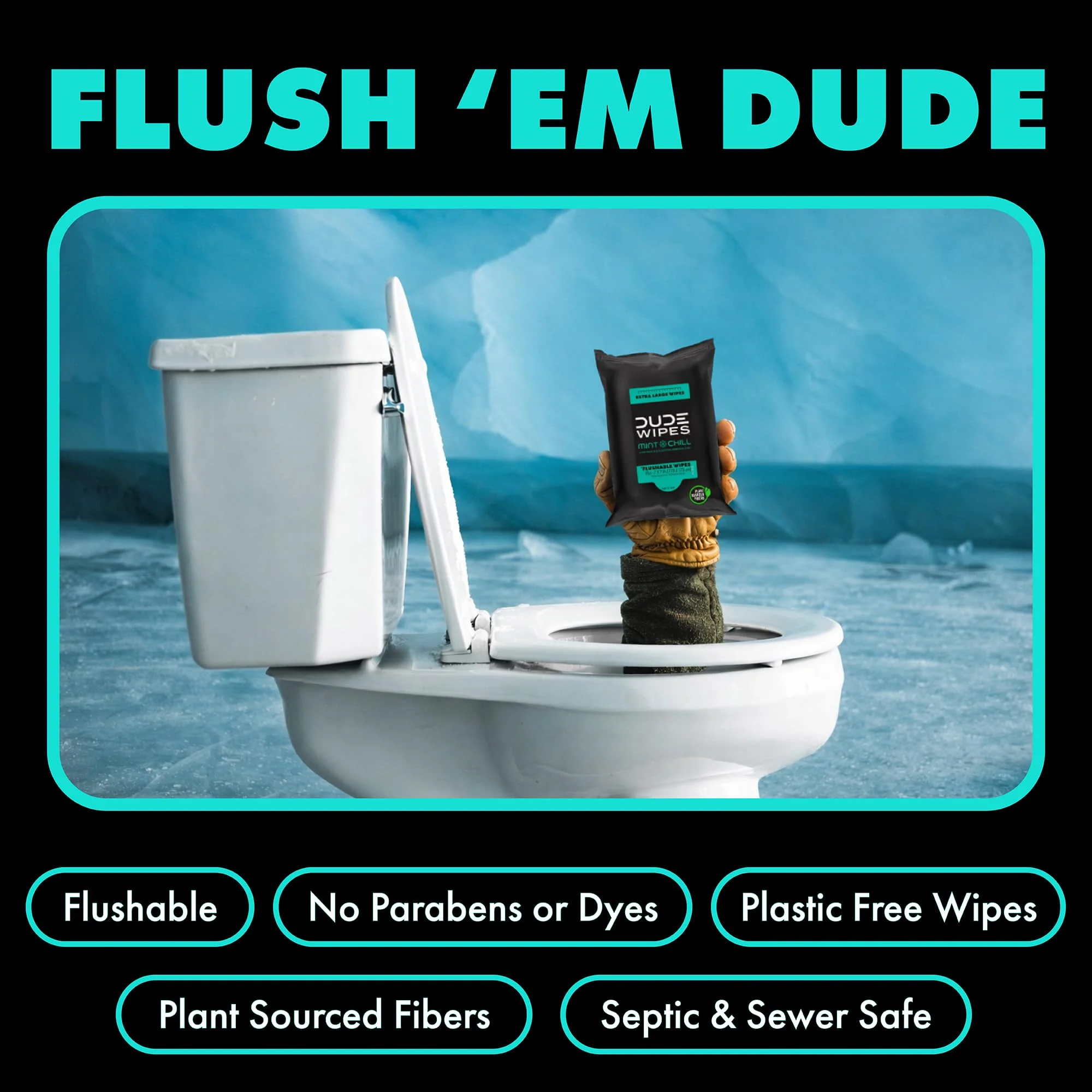 DUDE Wipes Mint Chill Travel Wipes - 6 Packs of 18 (108 Count) - Extra-Large Adult Flushable Wipes - Infused with Tea Tree Oil, Vitamin E, and Aloe - Septic and Sewer Safe - Image 8