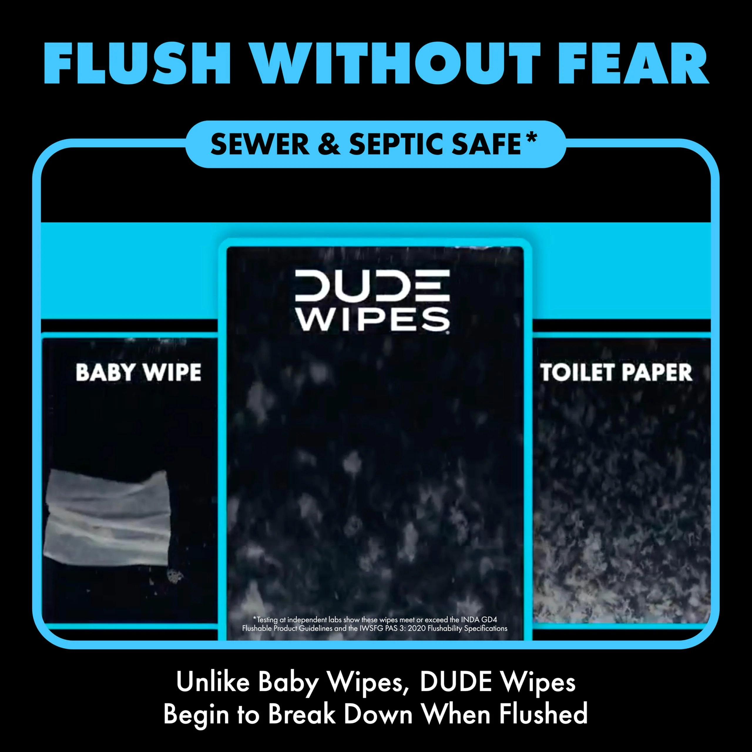DUDE Wipes Unscented Flushable Wipes - Extra-Large Adult Wet Wipes for Sensitive Skin - 6 Pack (288 Count) - Infused with Vitamin E and Aloe - Septic and Sewer Safe - Image 4
