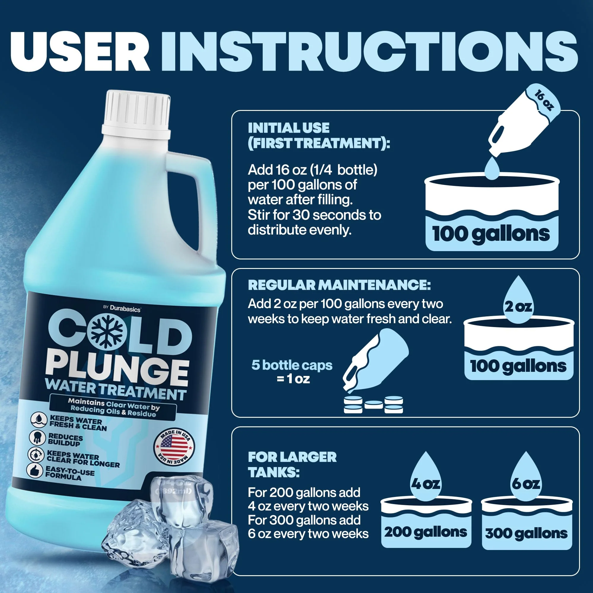 Durabasics 3in1 Cold Plunge Water Treatment – Helps Maintain Clear, Fresh-Looking Water | Cold Plunge Cleaner & Water Stabilizer | 64 -Week Supply | Easy to Use | Ice Bath Water Treatment – 64 oz - Image 6