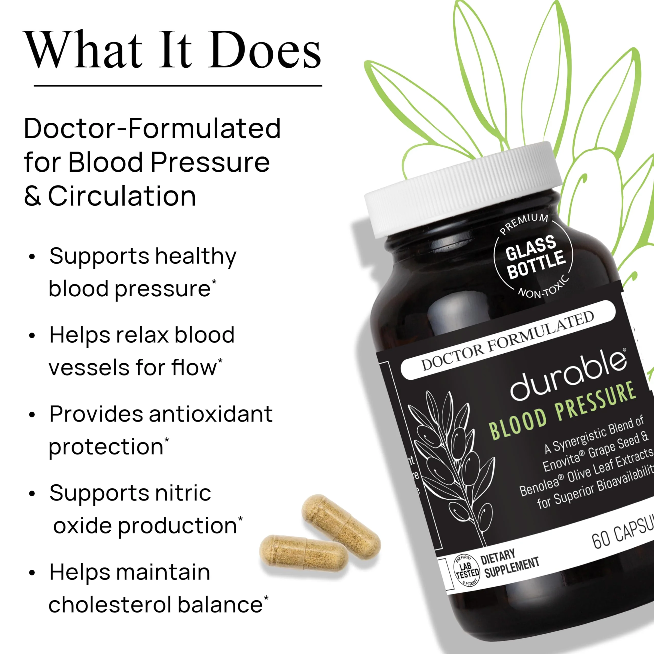 Durable Blood Pressure – Benolea Olive Leaf & Enovita Grape Seed Extract – Healthy Circulation, Nitric Oxide & Artery Support – Doctor Formulated, Vegan, Non-GMO, Made in USA (180 Capsules) - Image 6