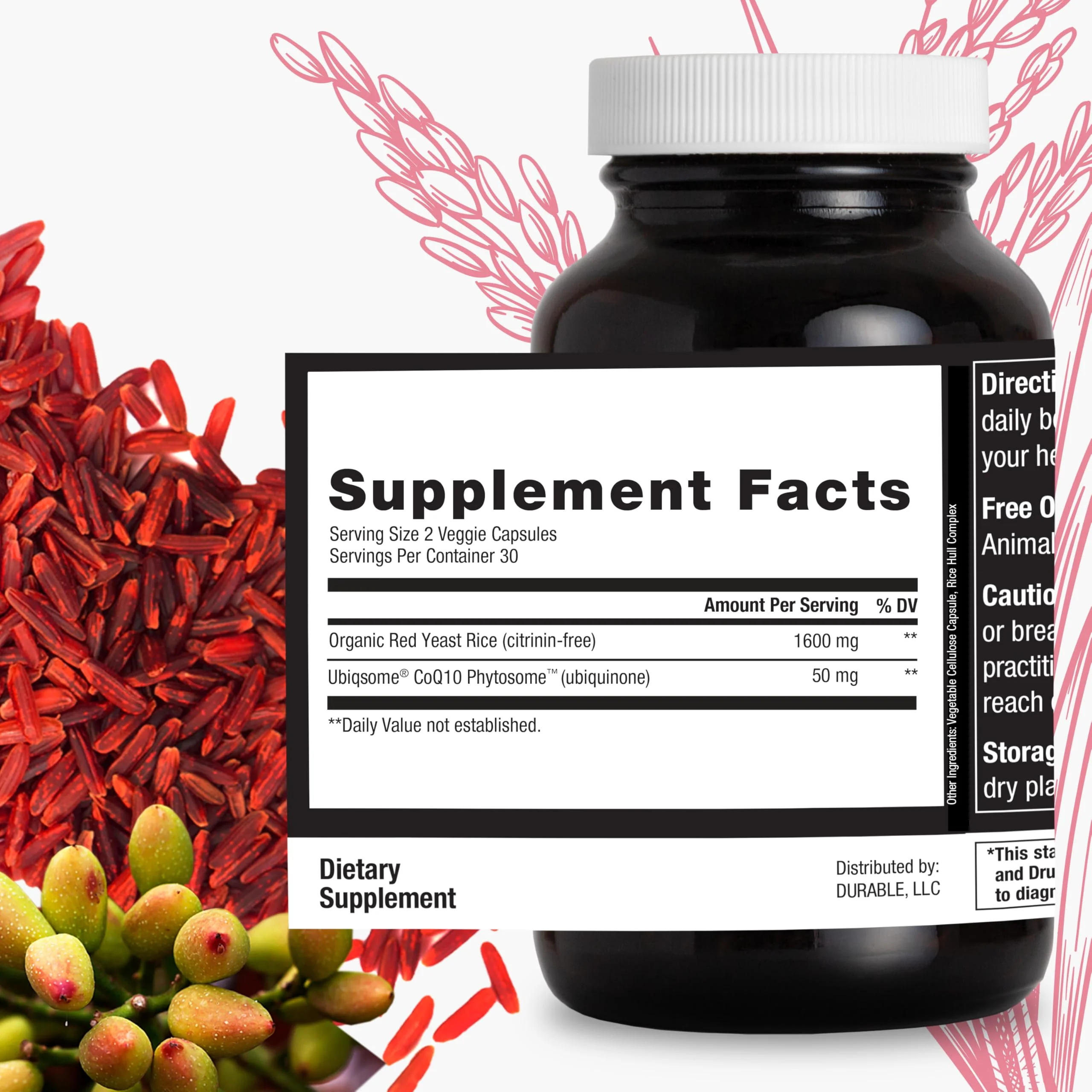 Durable RED Yeast Rice – Organic 1,600 mg Extra Strength + CoQ10 Phytosome – Supports Healthy Cholesterol, Heart, Lipids & Circulation – Doctor Formulated, Non-GMO, Vegan, Made in USA (60 Capsules). - Image 6