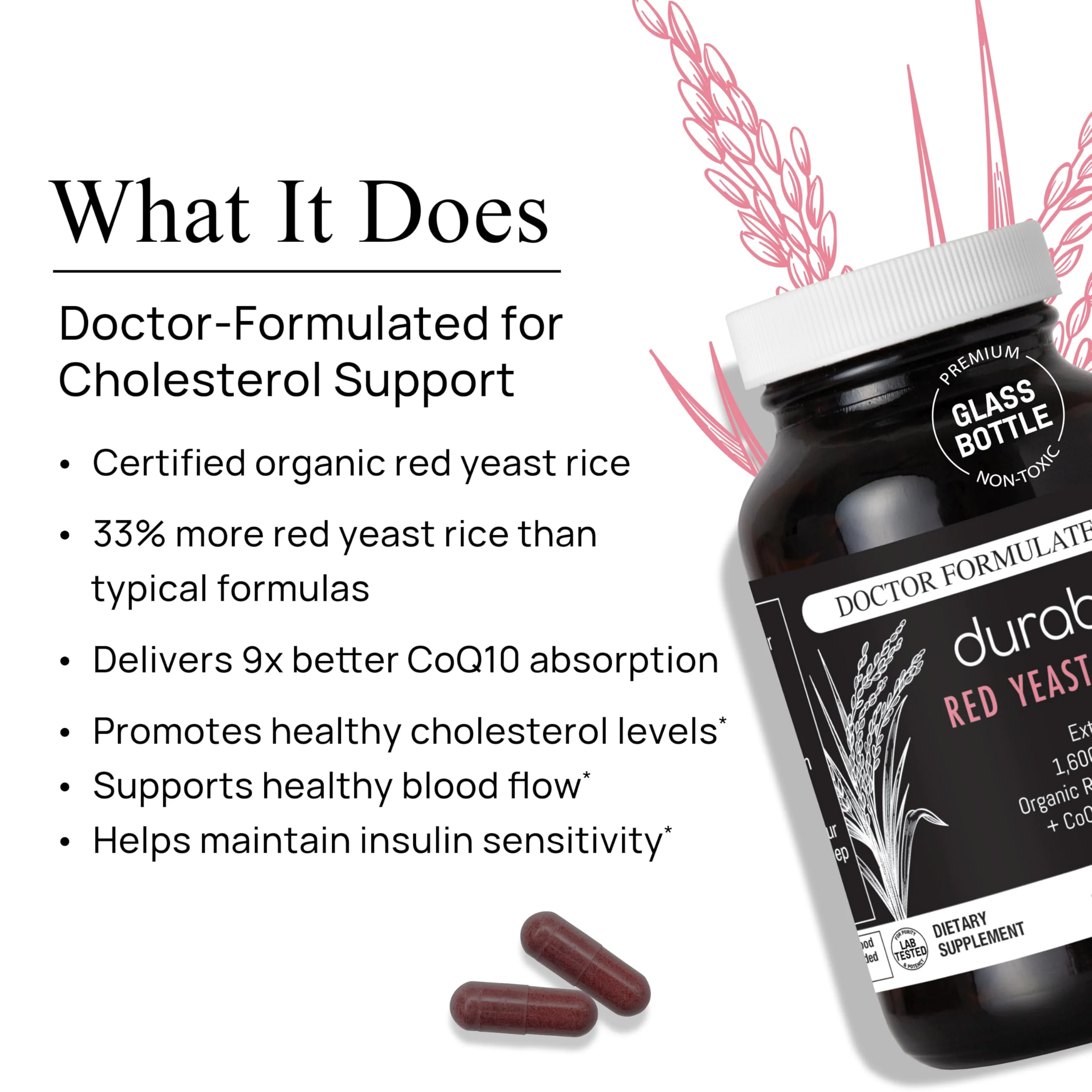Durable RED Yeast Rice – Organic 1,600 mg Extra Strength + CoQ10 Phytosome – Supports Healthy Cholesterol, Heart, Lipids & Circulation – Doctor Formulated, Non-GMO, Vegan, Made in USA (60 Capsules). - Image 8