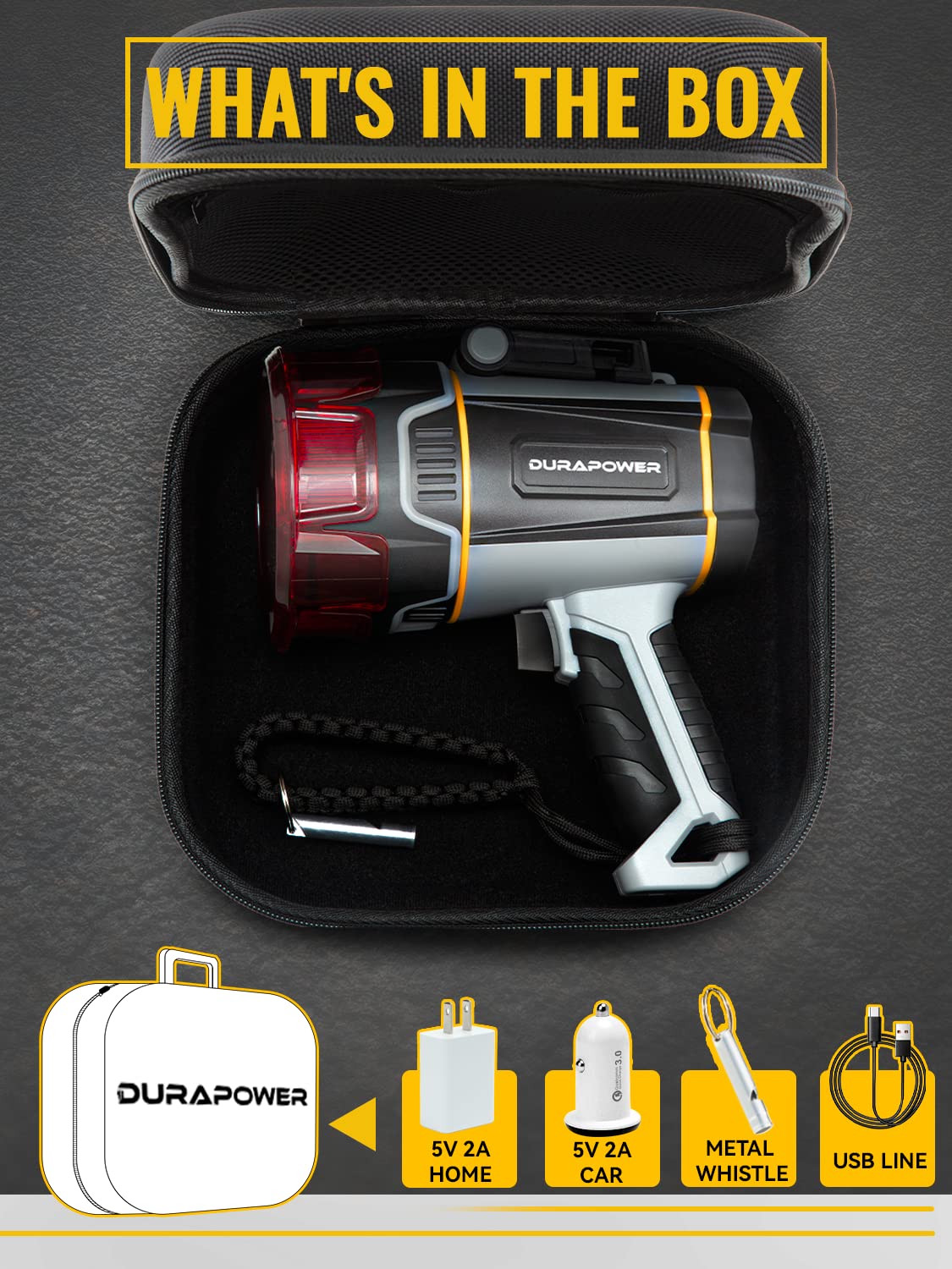 Durapower Boat Spotlight Flashlight, High Lumen IP67 Waterproof Super Bright Rechargeable Spotlight, Long Lasting Flashlight,1148ft Range Portable Handheld Spot Light Outdoor for Marine Boat Hunting - Image 2