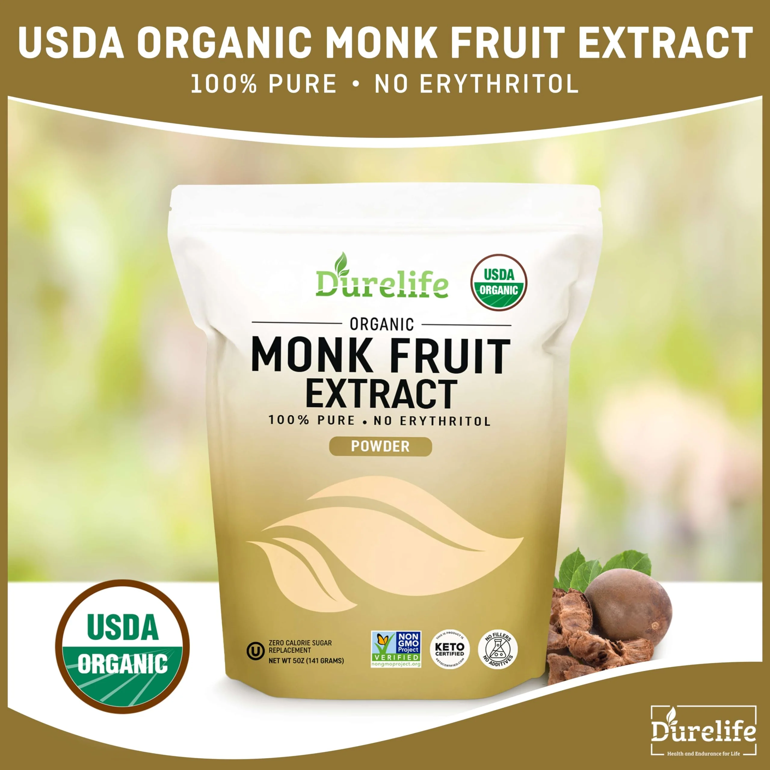 Durelife Organic 100% Pure Monk Fruit sweetener, No Erythritol, Monkfruit Extract Powder, USDA organic NON-GMO Project Verified, Keto Certified OU kosher No Fillers Zero Calorie Sugar Substitute 10 OZ - Image 5