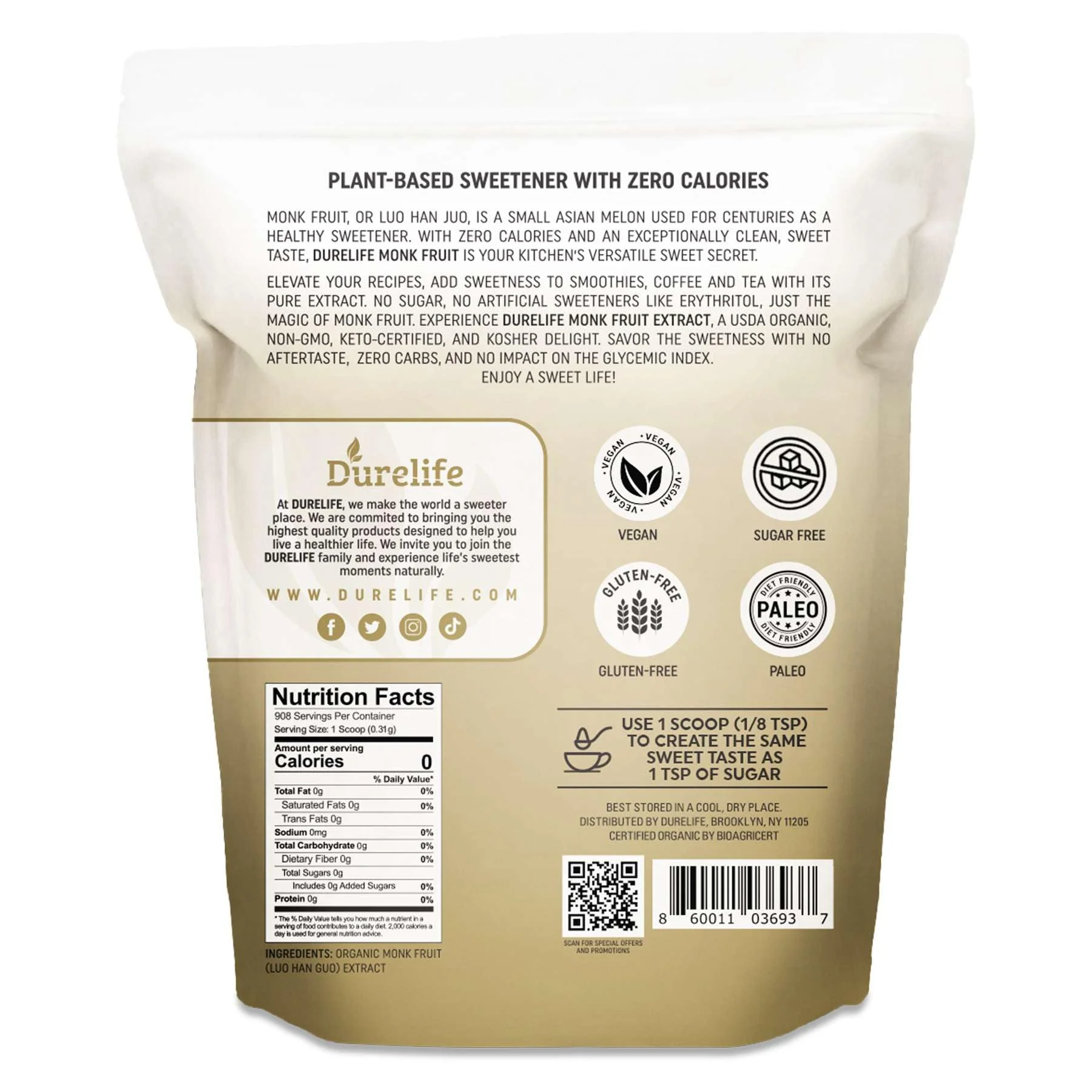 Durelife Organic 100% Pure Monk Fruit sweetener, No Erythritol, Monkfruit Extract Powder, USDA organic NON-GMO Project Verified, Keto Certified OU kosher No Fillers Zero Calorie Sugar Substitute 10 OZ - Image 8