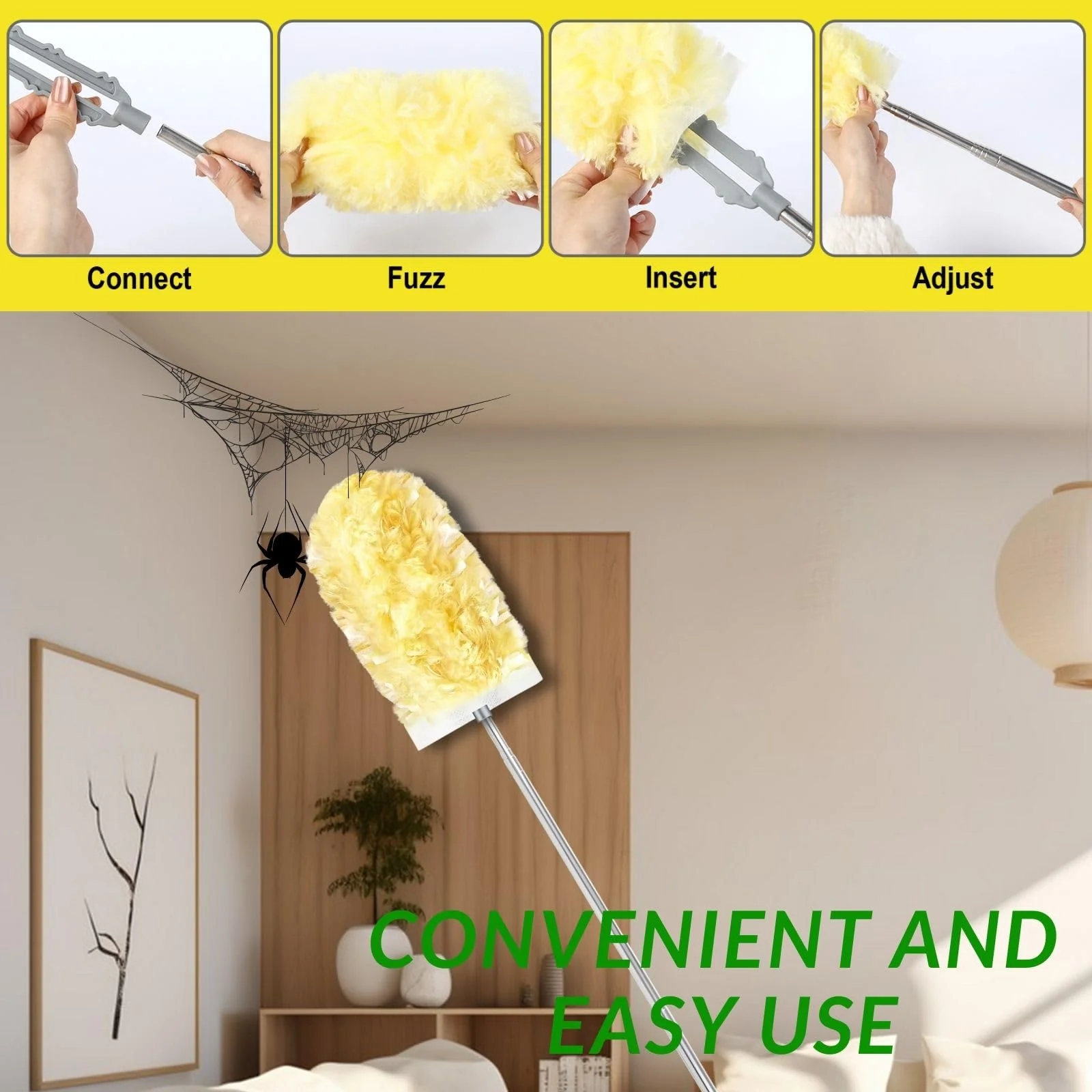 Duster Refills,Static Dust Removal Brush Disposable Replacement Head Compatible with Swiffer Duster Refills for Electronics, Furniture, Blinds, Ceiling Fans (Yellow, 30 Refills+1 Extension Pole) - Image 5
