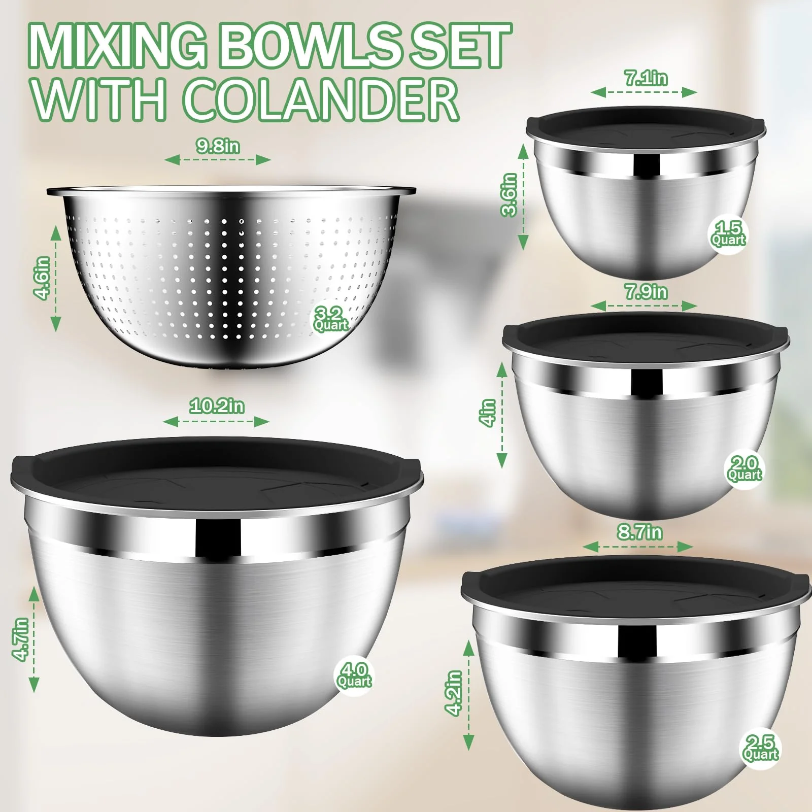DUTZUN Mixing Bowls with Lids Set, Stainless Steel Mixing Bowls with Colander, Strainer with Mixing Bowl Set, Kitchen Gadgets Bowl Christams Gift, Size 4, 2.5, 2, 1.5QT - Black - Image 7