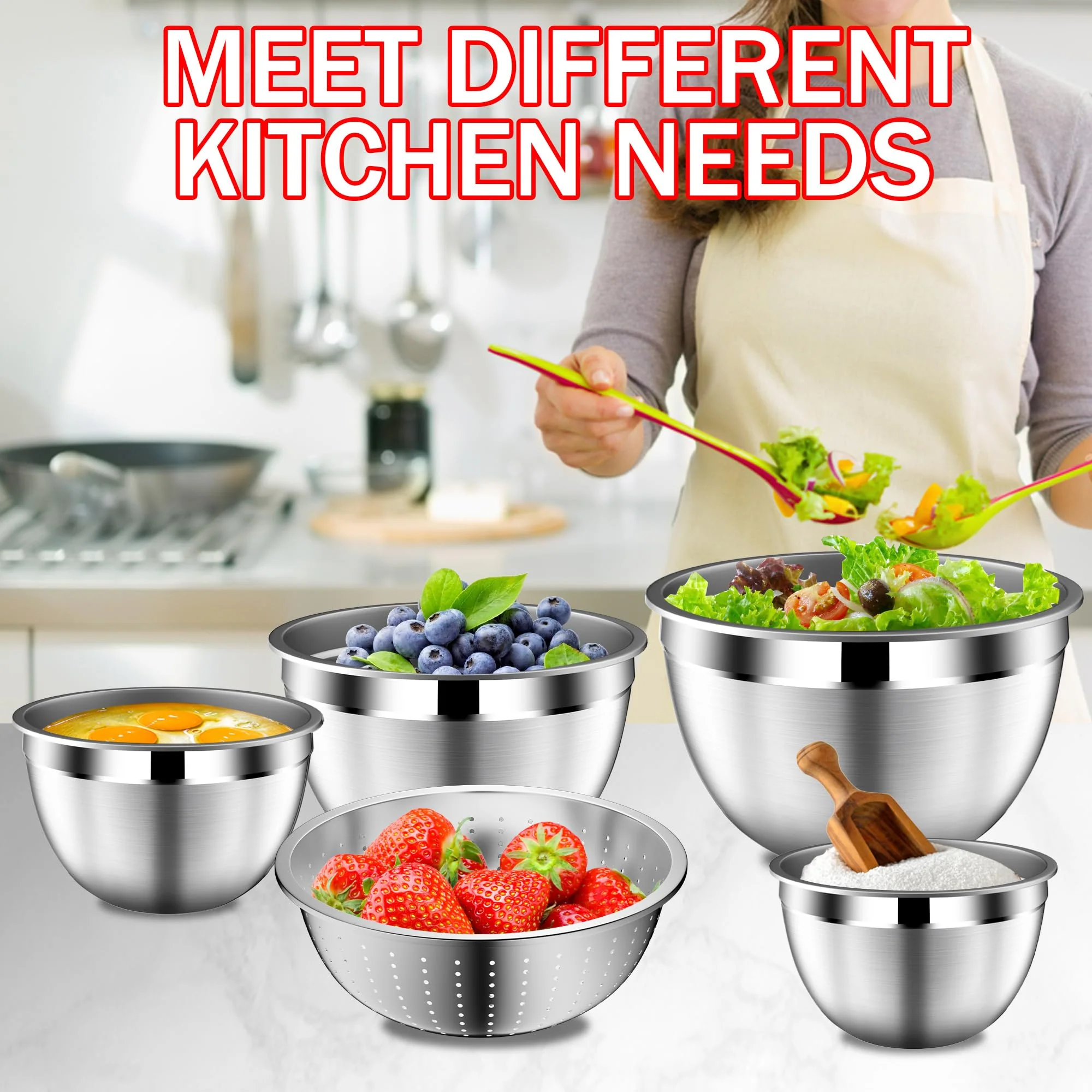 DUTZUN Mixing Bowls with Strainer, Mixing Bowl with Lids Set, Stainless Steel Mixing Bowls, Kitchen Gadgets 2025 Salad Bowls with Strainer for Mixing & Preping & Baking, Multicolor - Image 2