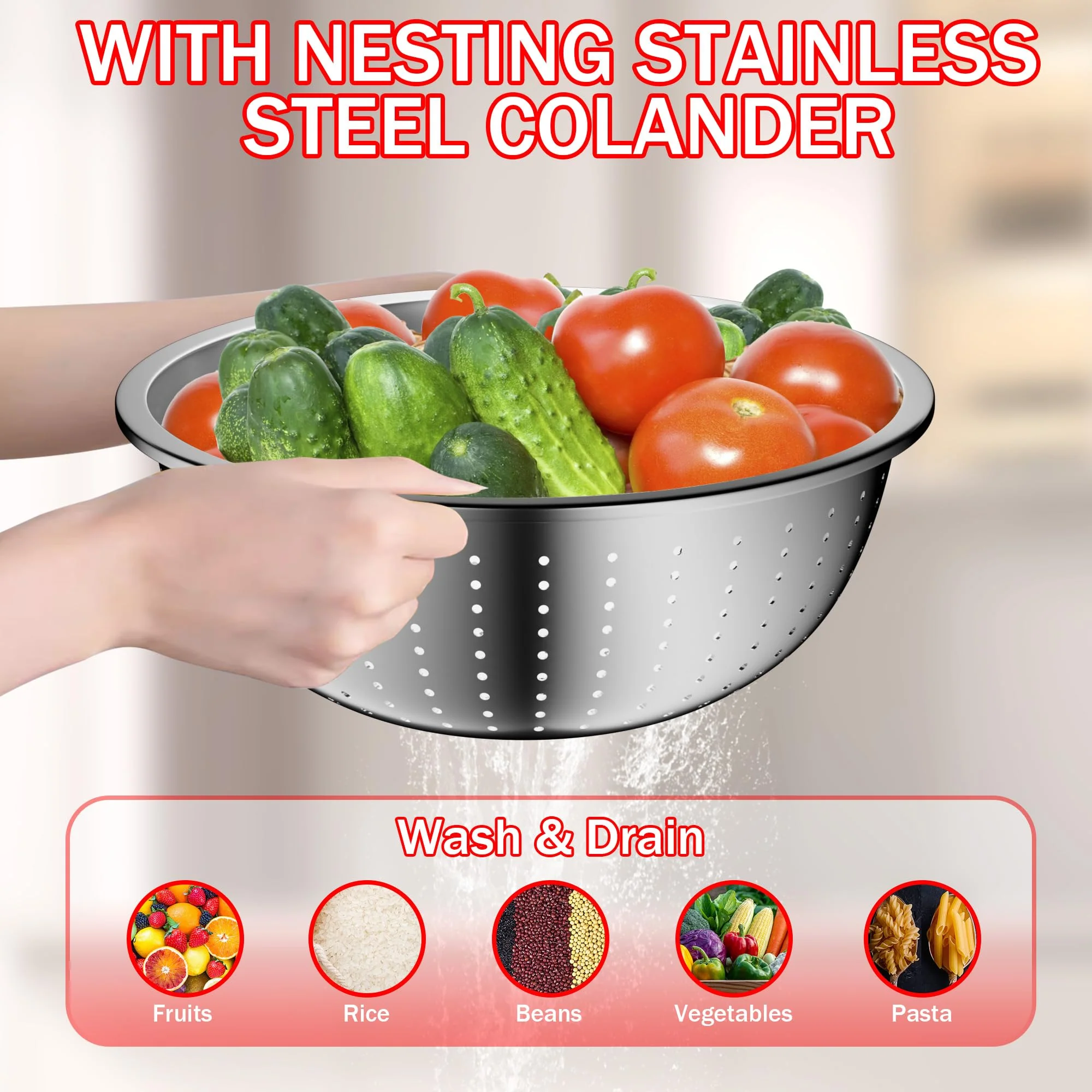 DUTZUN Mixing Bowls with Strainer, Mixing Bowl with Lids Set, Stainless Steel Mixing Bowls, Kitchen Gadgets 2025 Salad Bowls with Strainer for Mixing & Preping & Baking, Multicolor - Image 4
