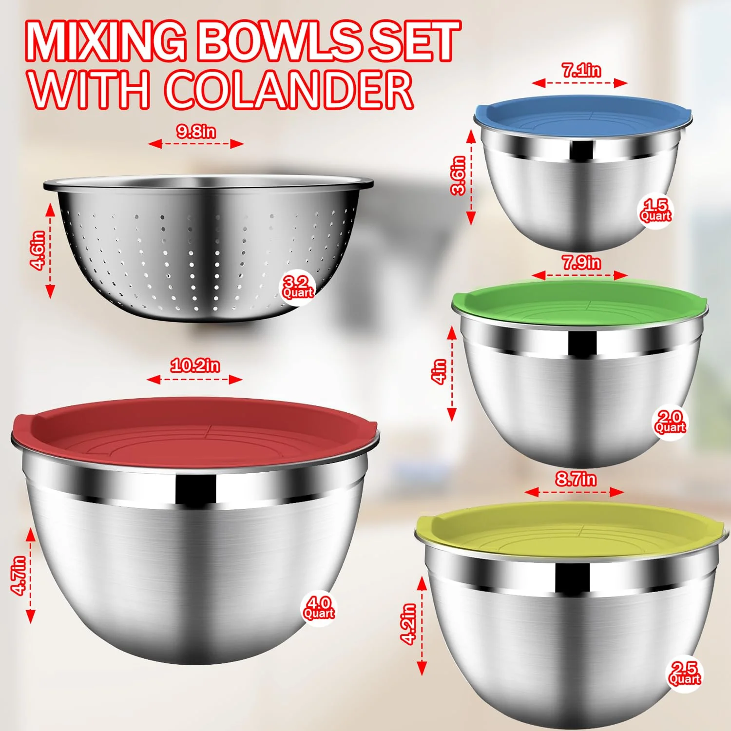 DUTZUN Mixing Bowls with Strainer, Mixing Bowl with Lids Set, Stainless Steel Mixing Bowls, Kitchen Gadgets 2025 Salad Bowls with Strainer for Mixing & Preping & Baking, Multicolor - Image 7