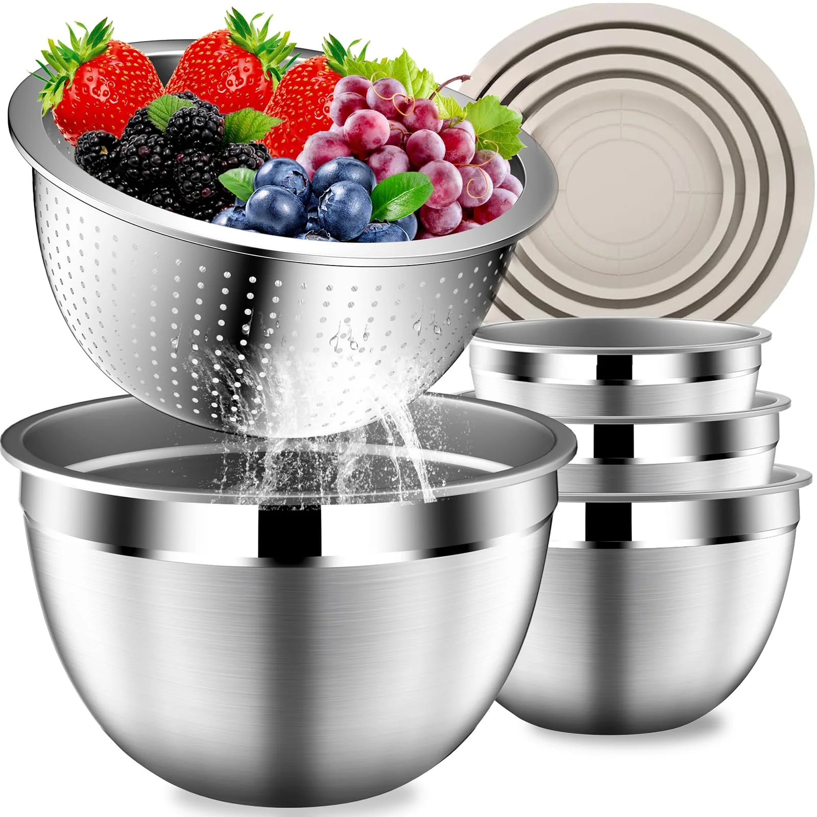 DUTZUN Stainles Steel Mixing Bowls with Lids Set, Stackable Metal Mixing Bowl with Strainer, 5-Piece - Beige