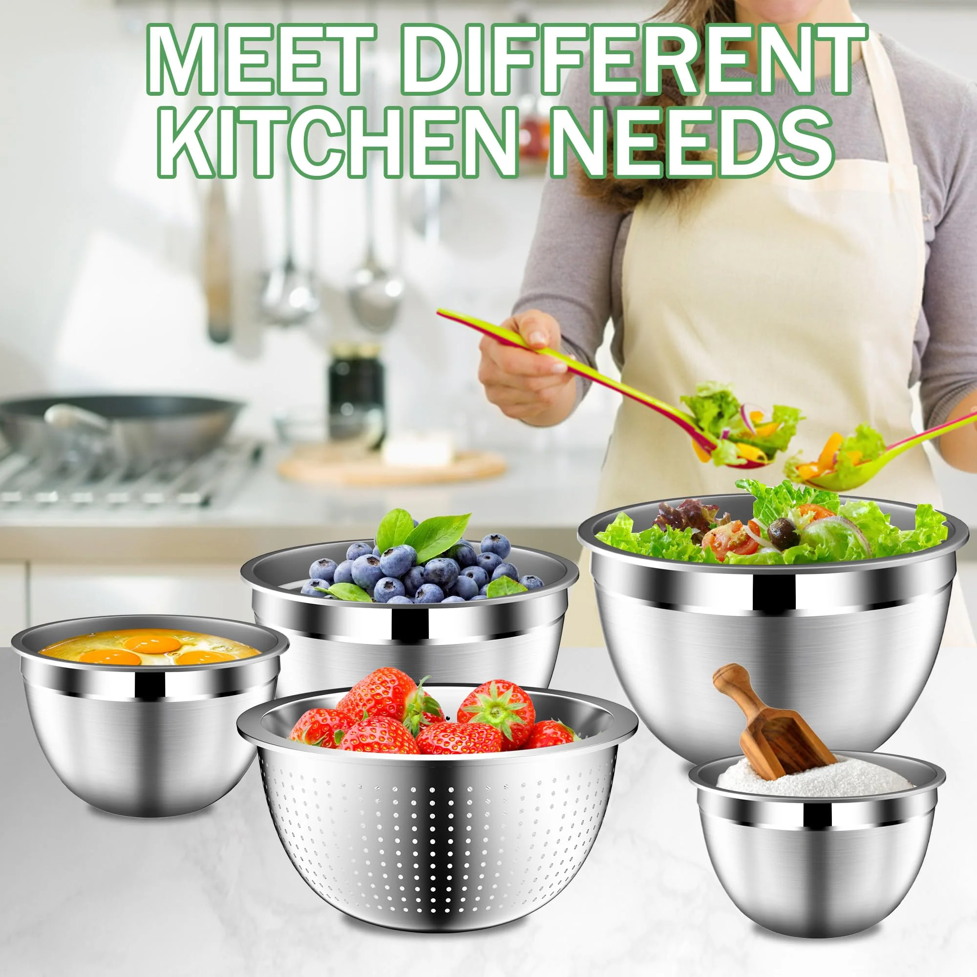 DUTZUN Stainles Steel Mixing Bowls with Lids Set, Stackable Metal Mixing Bowl with Strainer, 5-Piece - Beige - Image 2