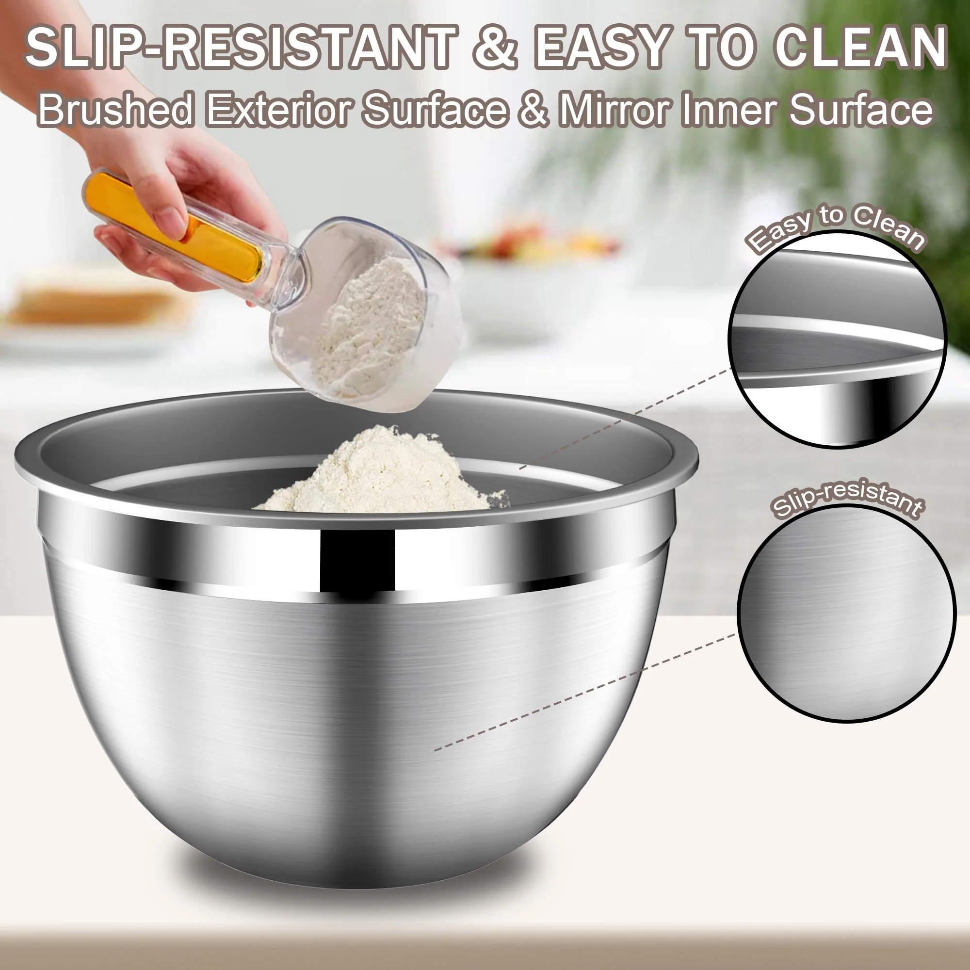 DUTZUN Stainles Steel Mixing Bowls with Lids Set, Stackable Metal Mixing Bowl with Strainer, 5-Piece - Beige - Image 3