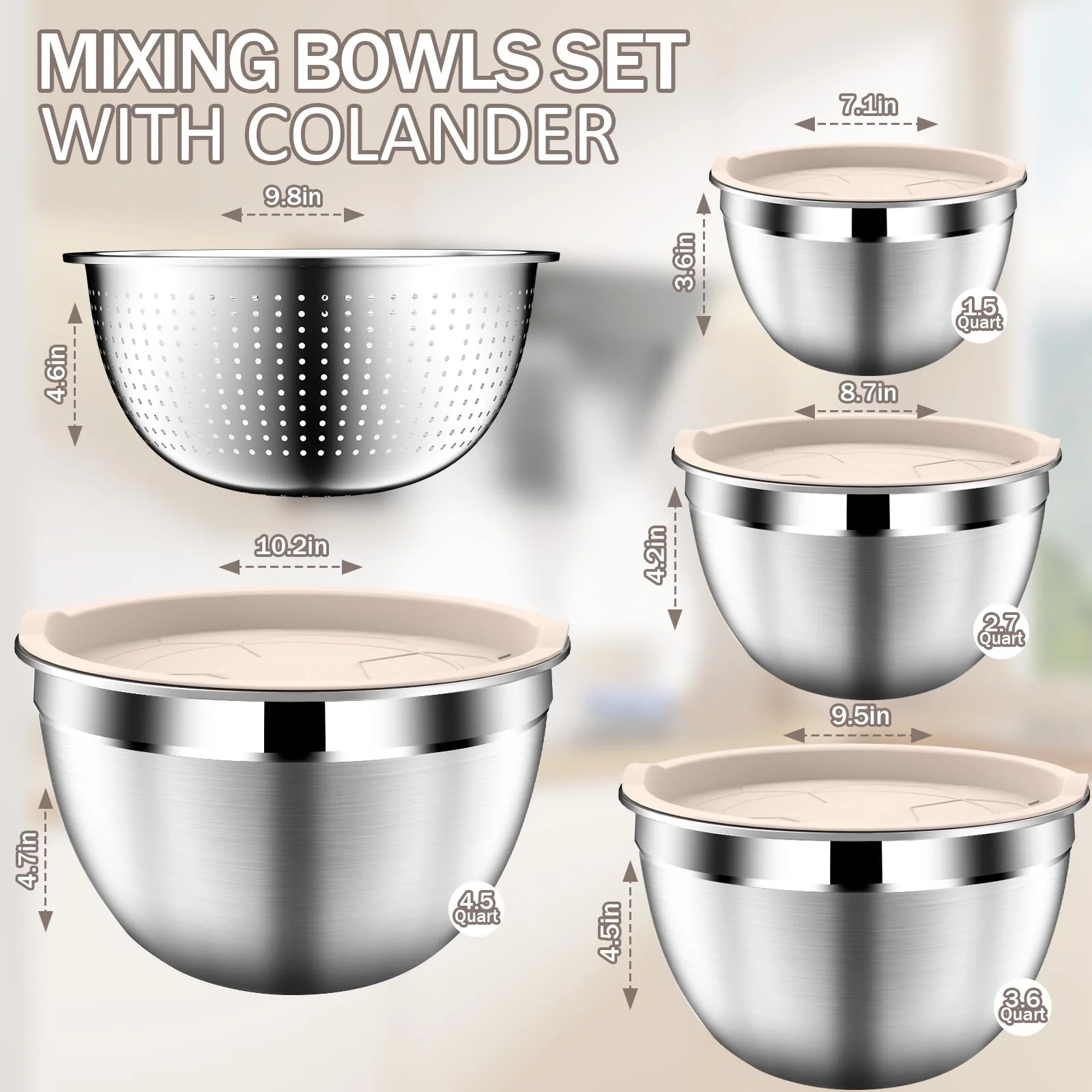 DUTZUN Stainles Steel Mixing Bowls with Lids Set, Stackable Metal Mixing Bowl with Strainer, 5-Piece - Beige - Image 7