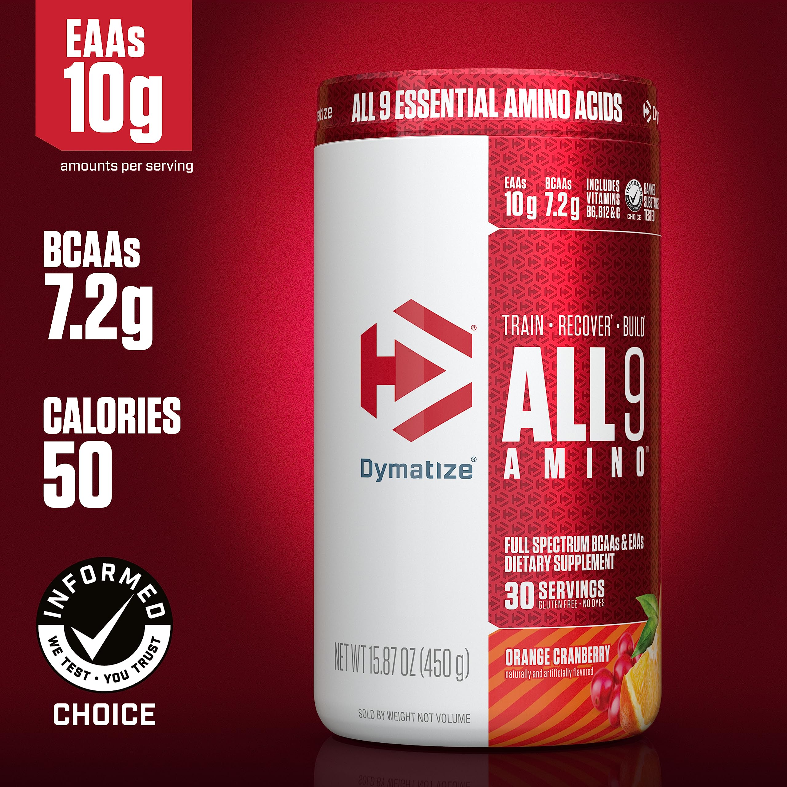 Dymatize All9 Amino, 7.2g of BCAAs, 10g of Full Spectrum Essential Amino Acids Per Serving for Recovery and Optimal Muscle Protein Synthesis, Orange Cranberry, 30 Servings, 15.87 Ounce - Image 9